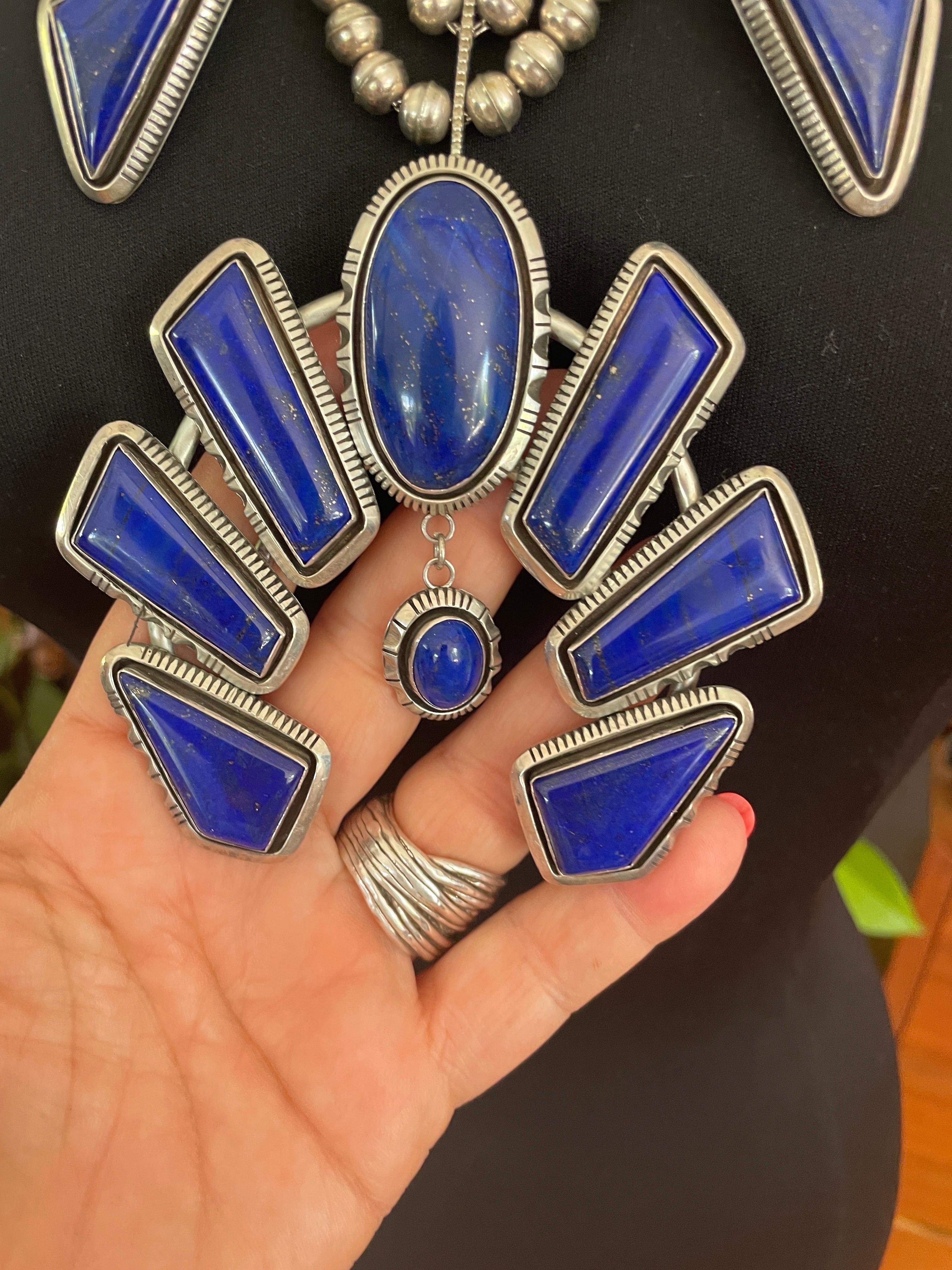 Navajo Native American  Sterling Silver Lapis Lazuli Squash Blossom Necklace For Sale 1