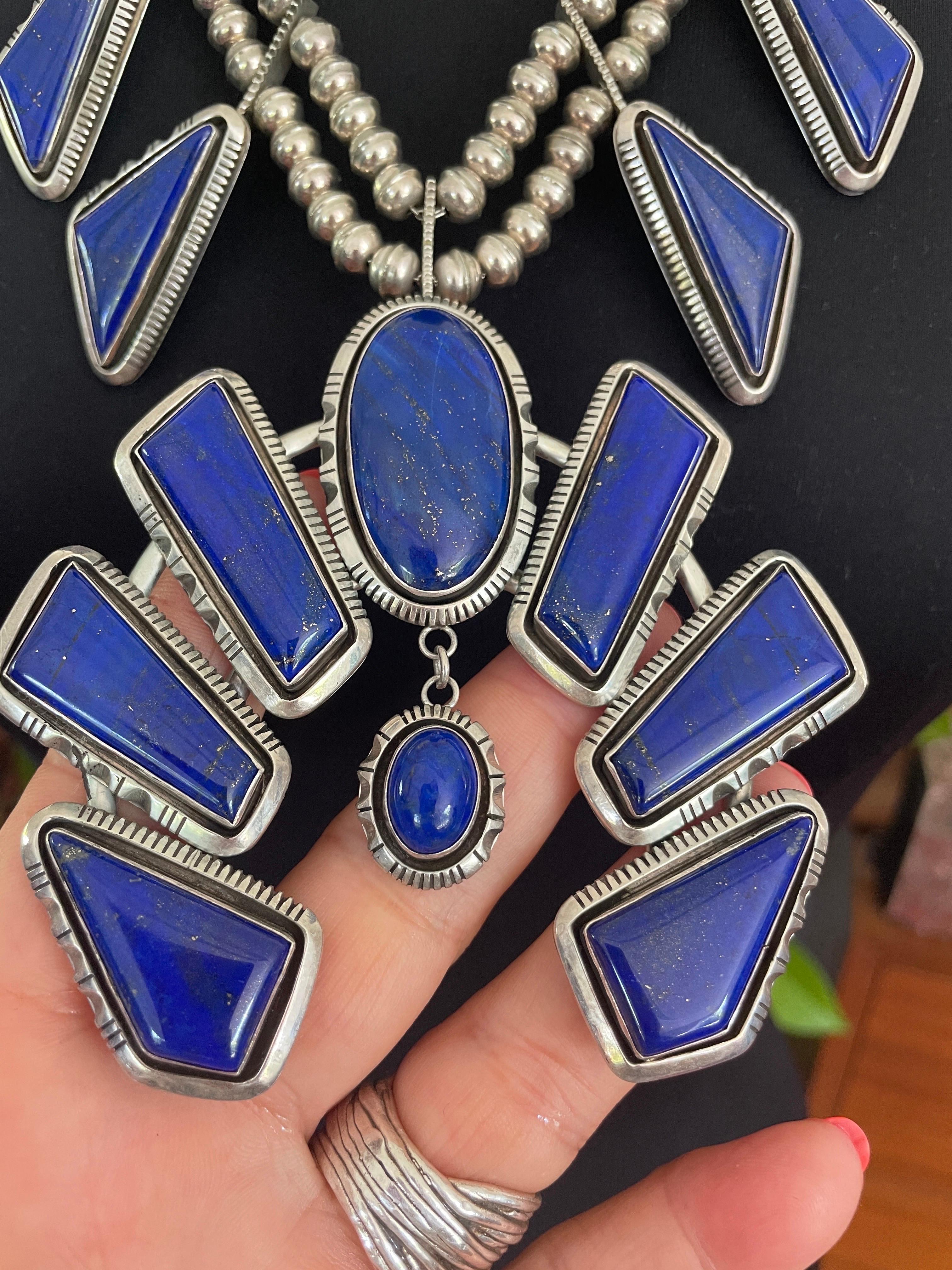 Navajo Native American  Sterling Silver Lapis Lazuli Squash Blossom Necklace For Sale 2