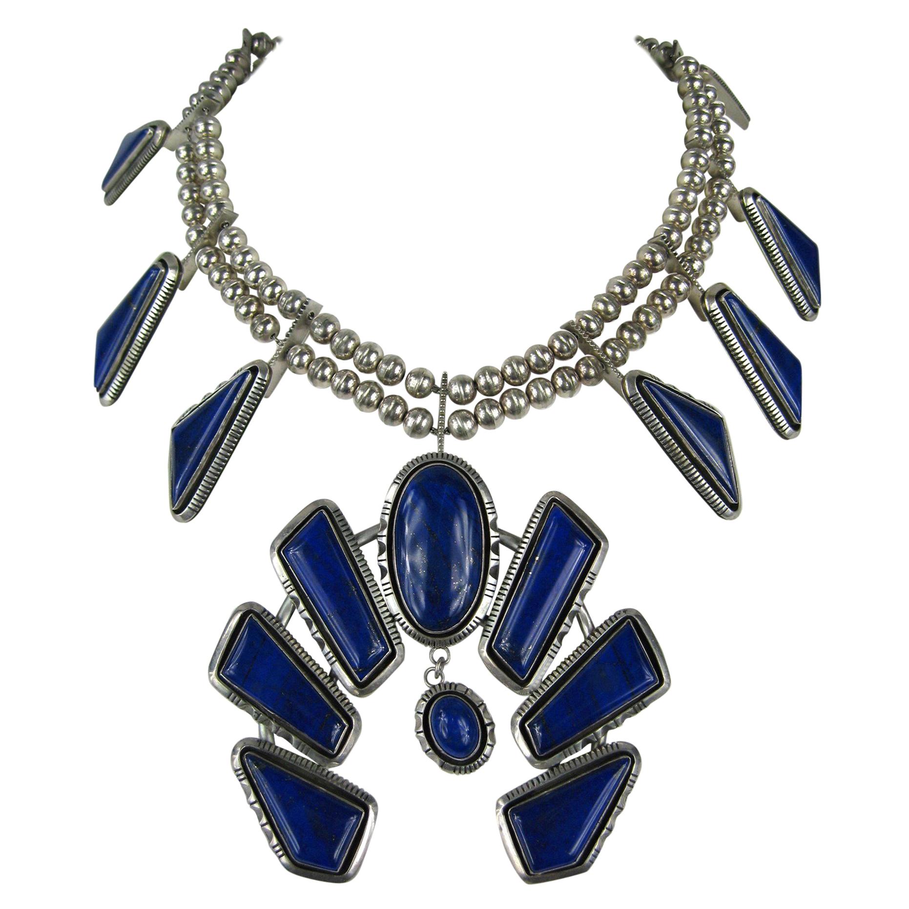 Navajo Native American  Sterling Silver Lapis Lazuli Squash Blossom Necklace For Sale