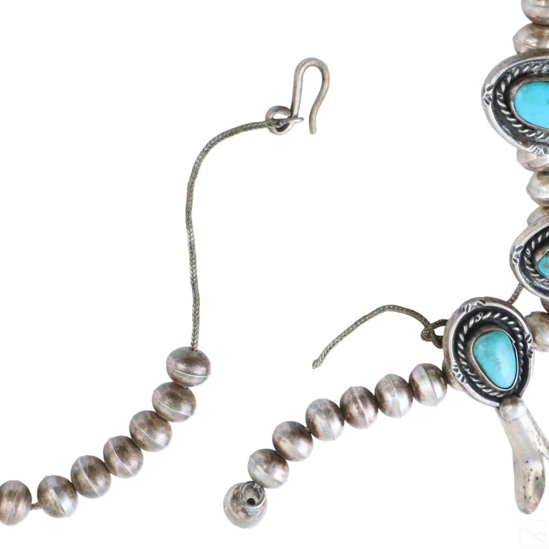 20th Century Navajo Native American Sterling Silver & Turquoise Squash Blossom Necklace For Sale