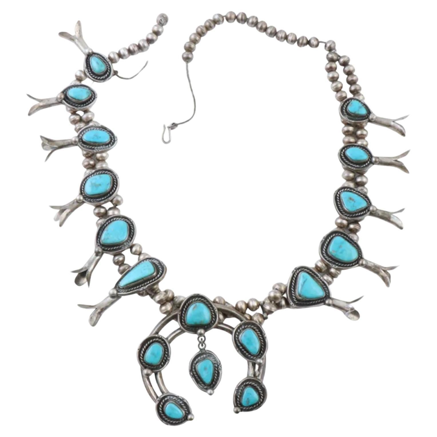 Navajo Native American Sterling Silver & Turquoise Squash Blossom Necklace For Sale