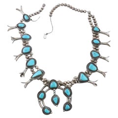 Navajo Native American Sterling Silver & Turquoise Squash Blossom Necklace
