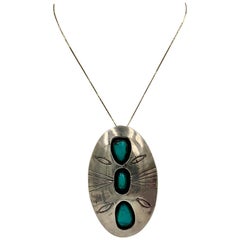 Used Navajo Native American Turquoise Shadowbox Pendant Necklace Sterling Silver