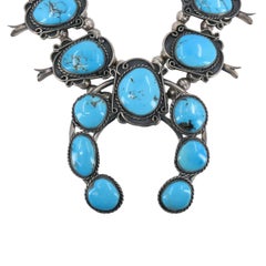 Navajo Native Indian Sterling Silver Turquoise Squash Blossom Necklace