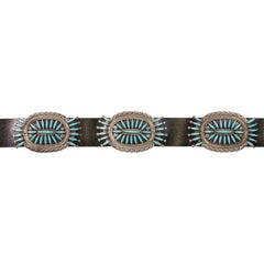 Navajo Needlepoint Turquoise and Sterling Silver Concho Belt
