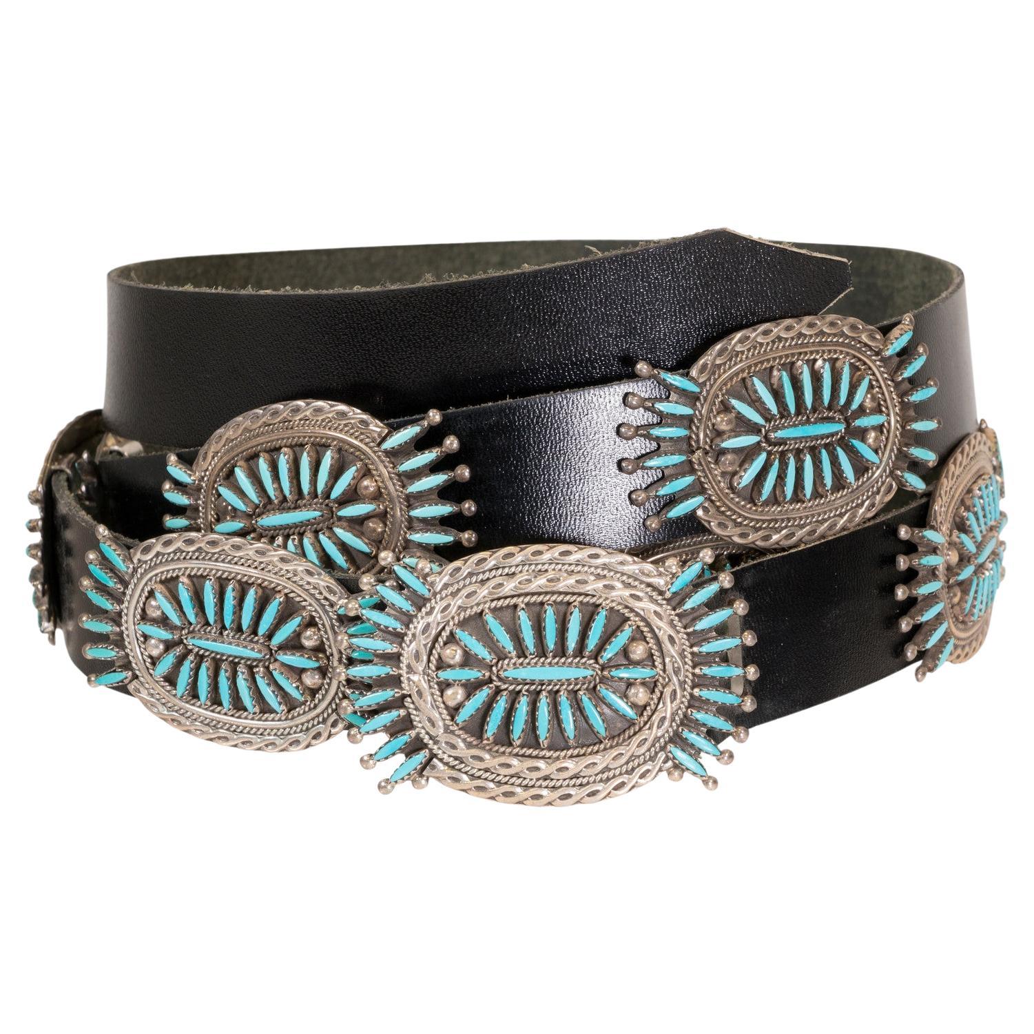 Navajo Needlepoint Turquoise and Sterling Silver Concho Belt