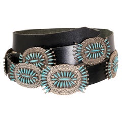 Navajo Needlepoint Turquoise and Sterling Silver Concho Belt