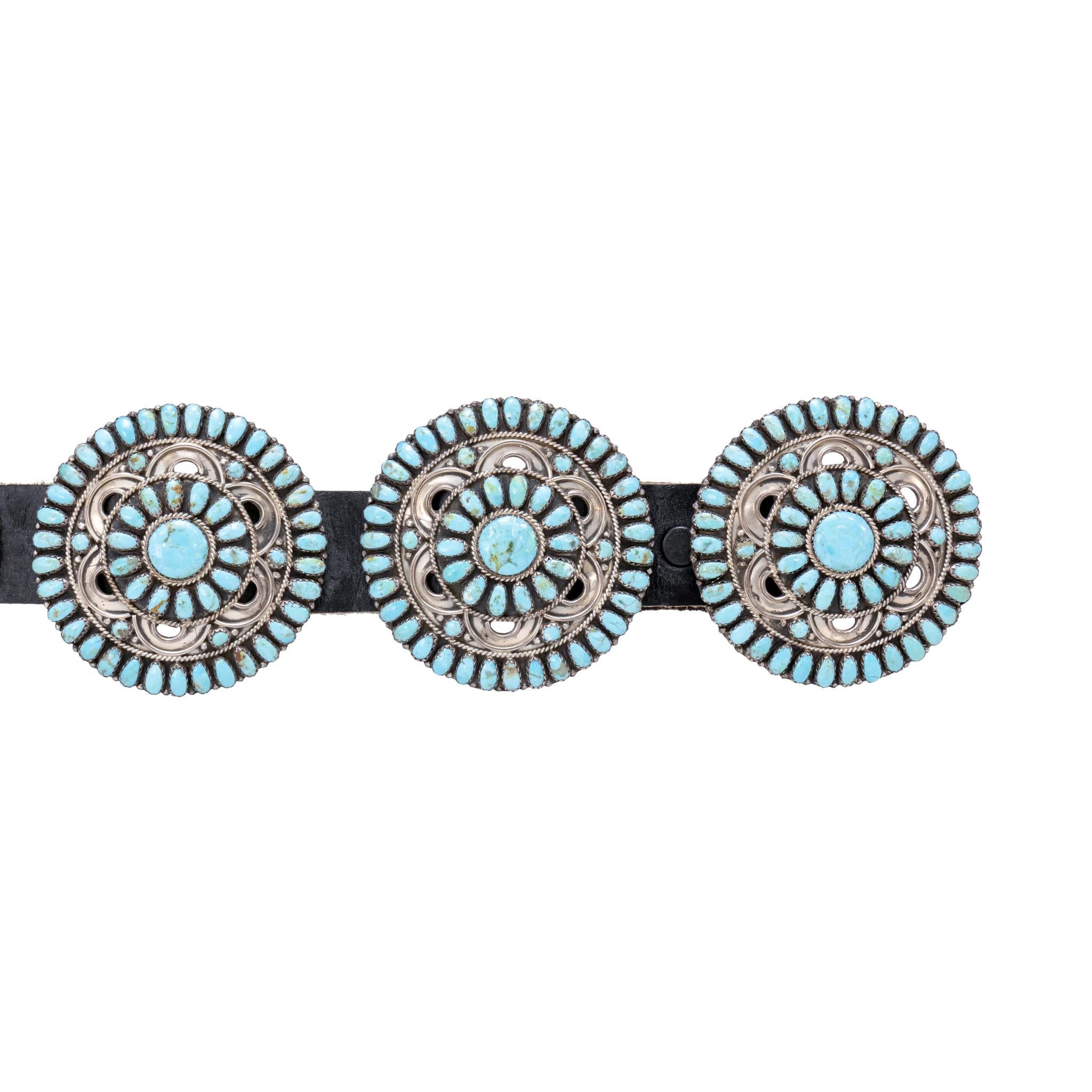 Taille vieille mine Navajo Needlepoint Turquoise Concho Belt (Ceinture Concho Navajo) en vente