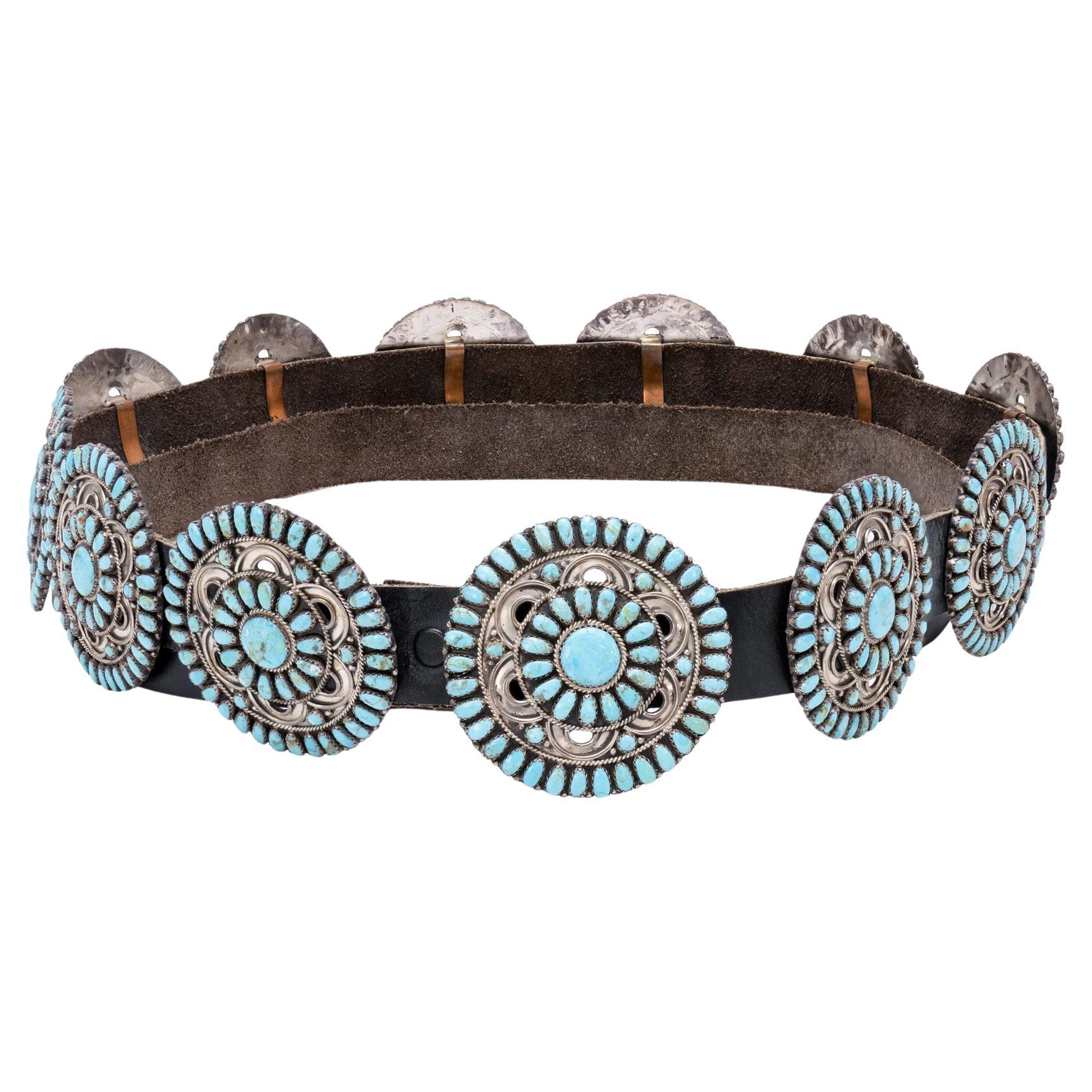 Navajo Needlepoint Turquoise Concho Belt (Ceinture Concho Navajo) en vente