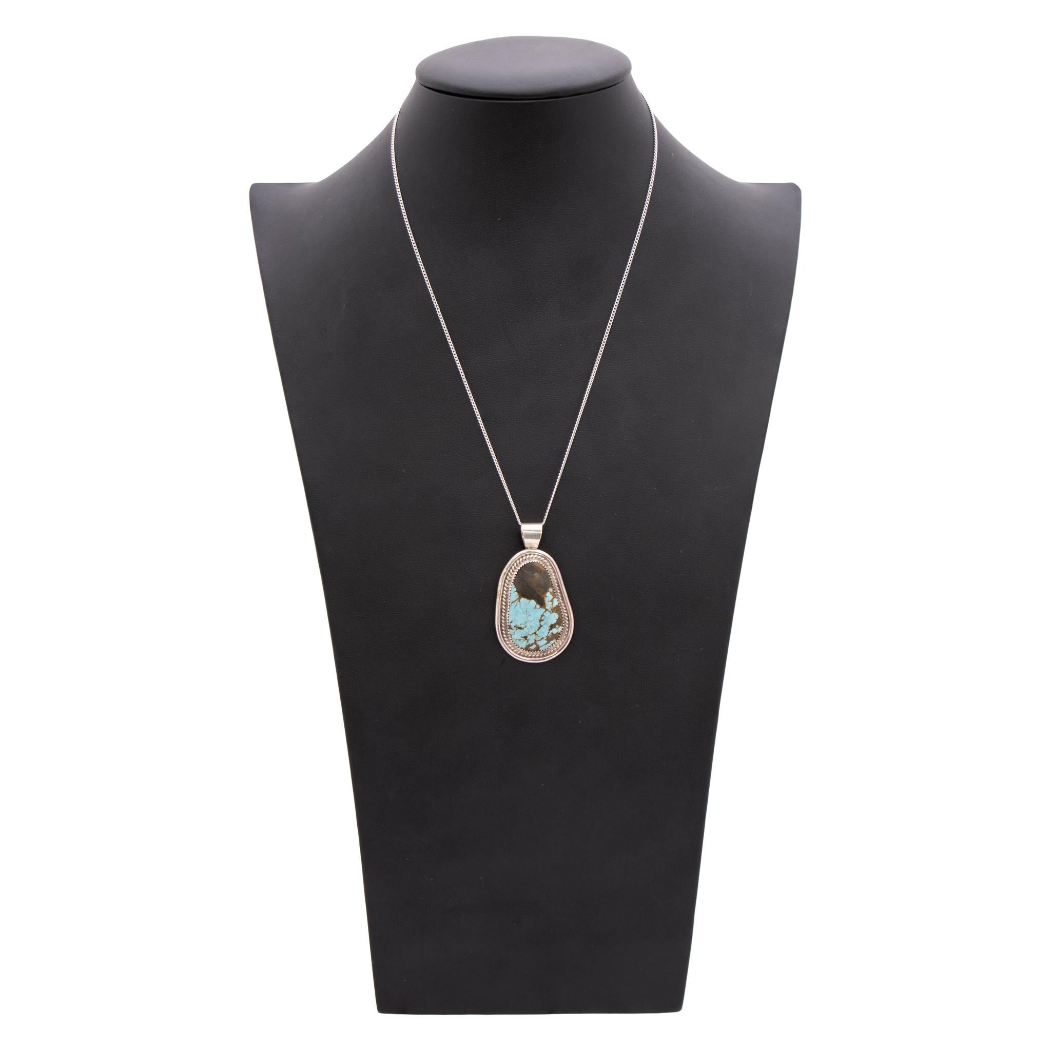 Navajo Nummer 8 Türkis und Sterling Silber Anhänger Halskette (Alteuropäischer Brillantschliff) im Angebot