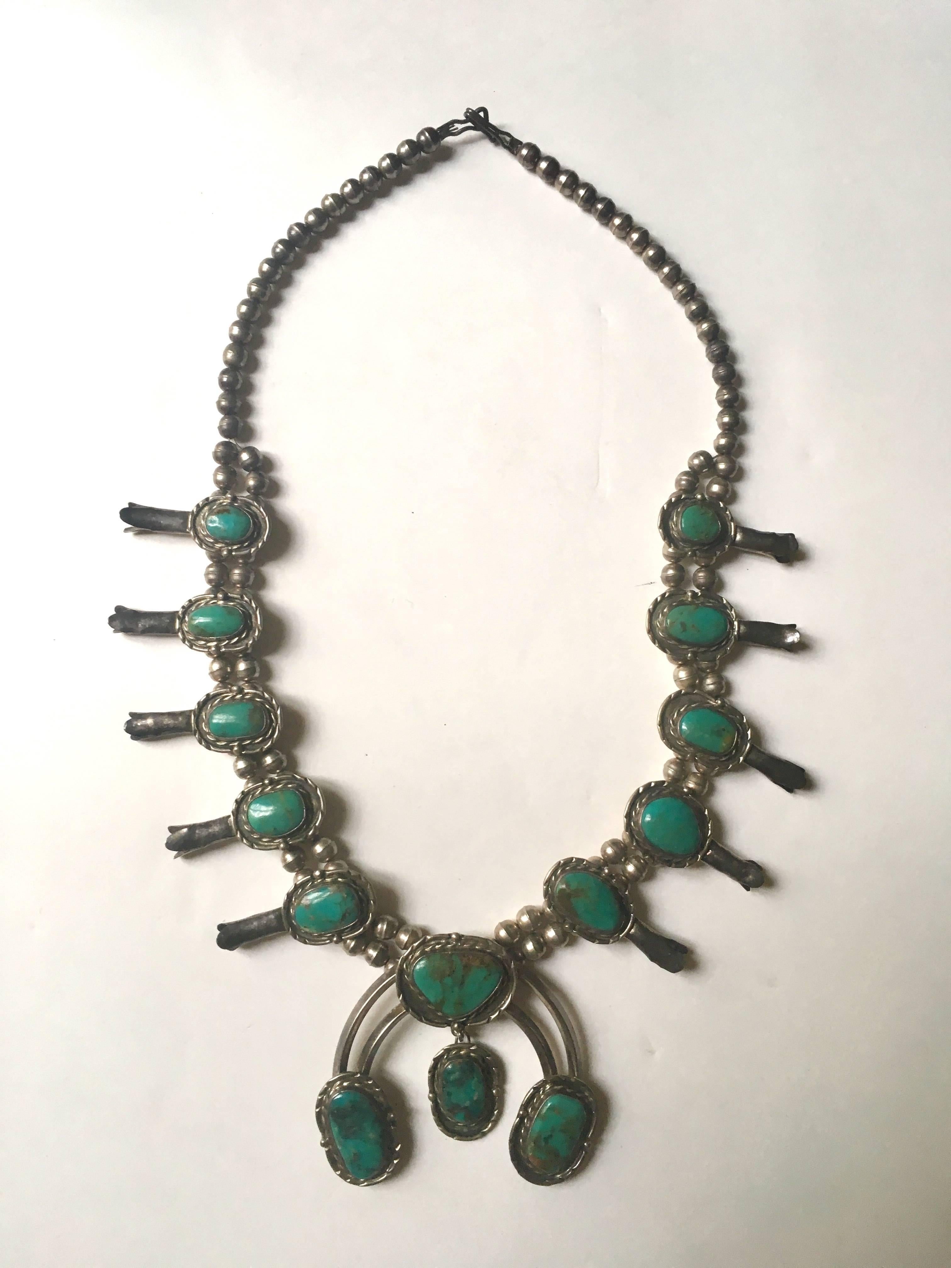 Women's or Men's Navajo or Zuni Morency Turquoise stone Squash Blossom Necklace  For Sale