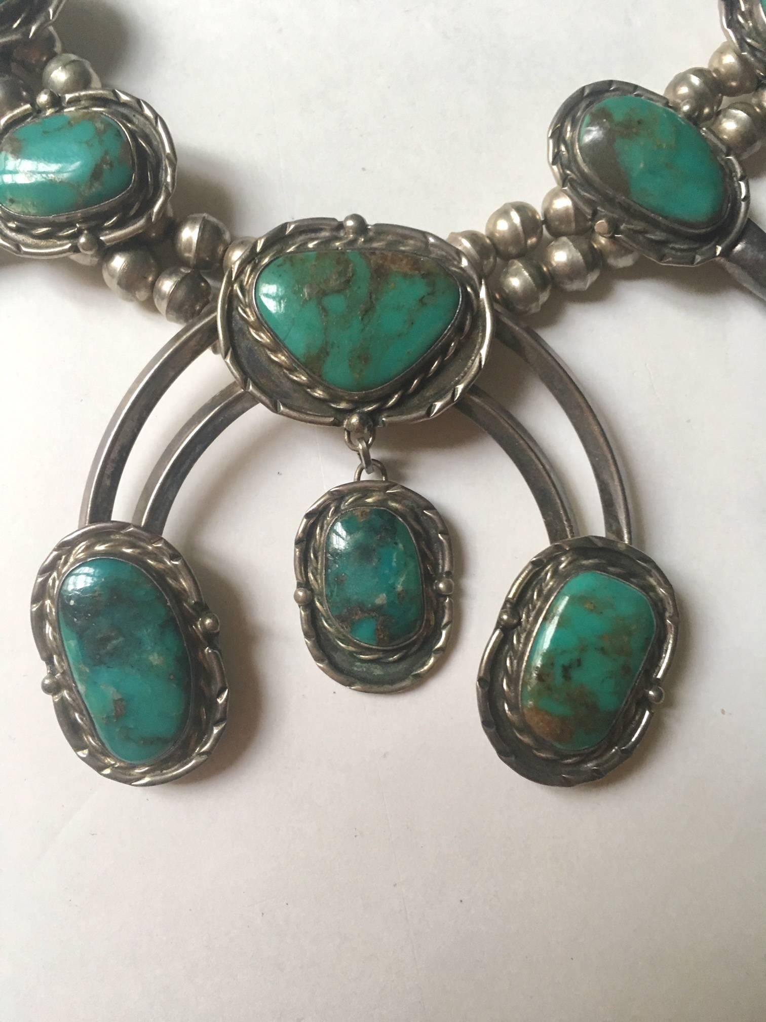 Navajo or Zuni Morency Turquoise stone Squash Blossom Necklace  For Sale 2