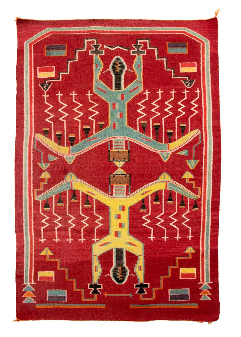 Native American Navajo Pictorial Weaving with Thunder Gods, Vintage Circa 1950, Red Yellow Green