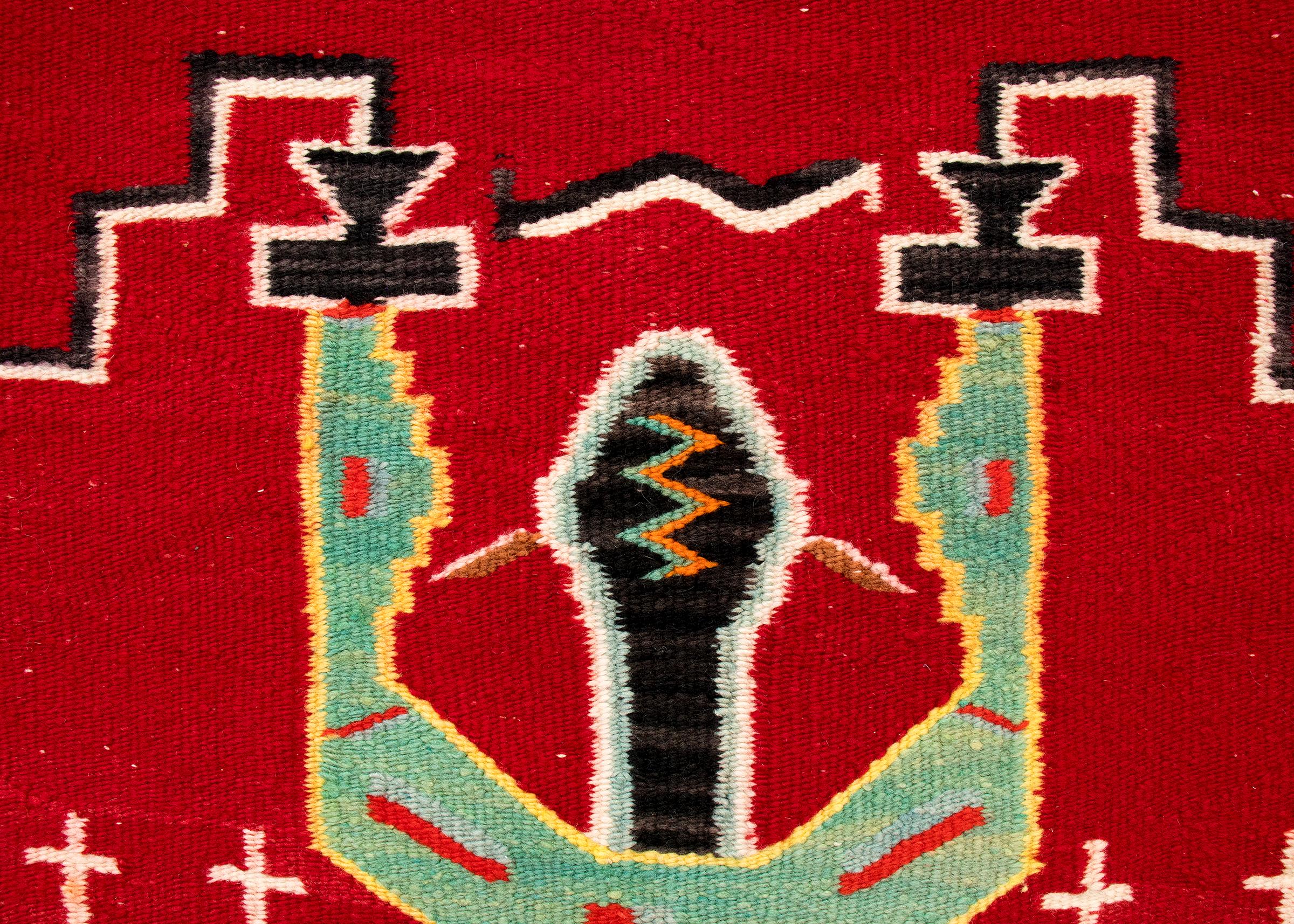 Hand-Woven Navajo Pictorial Weaving with Thunder Gods, Vintage Circa 1950, Red Yellow Green