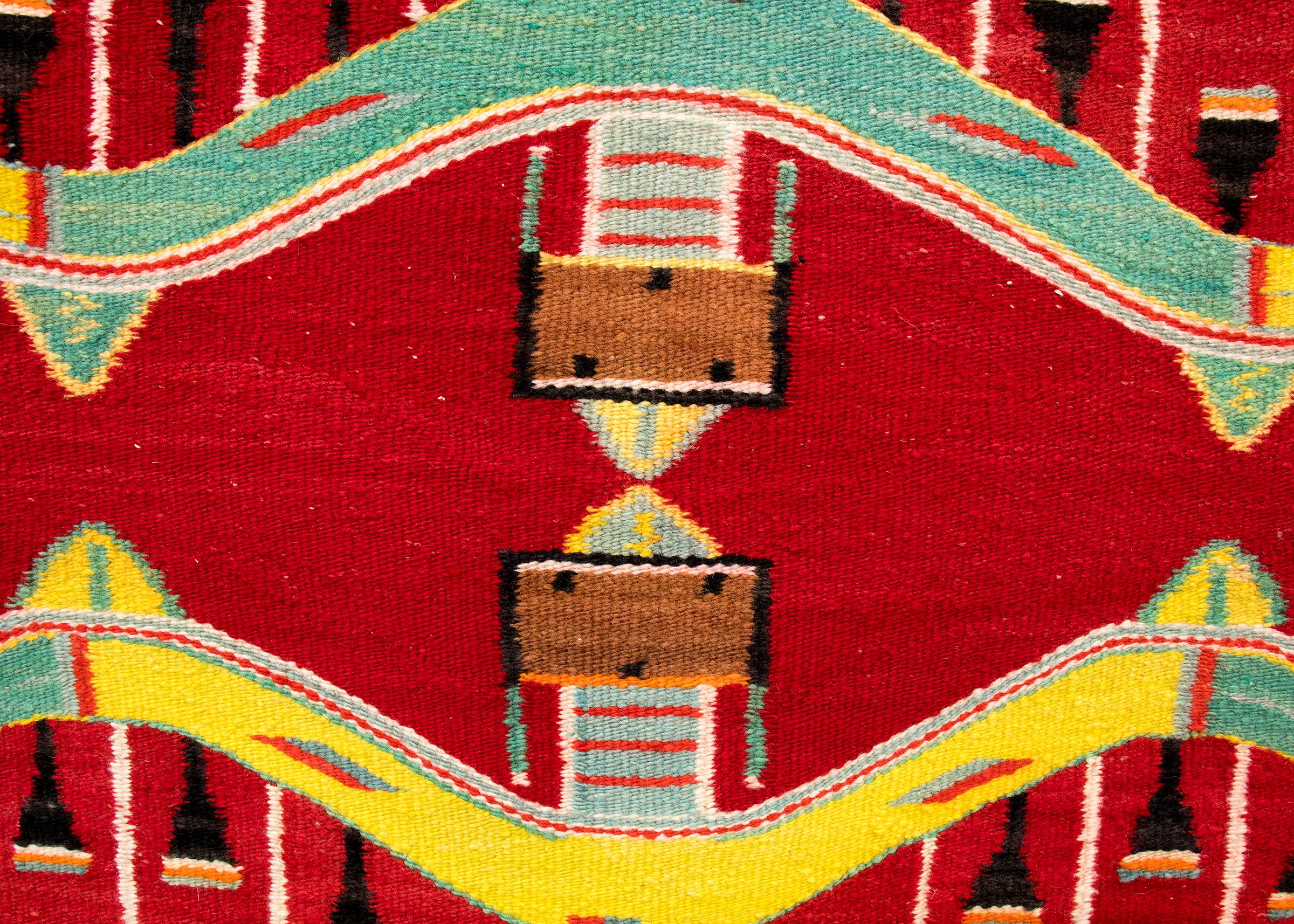 Navajo Pictorial Weaving with Thunder Gods, Vintage Circa 1950, Red Yellow Green In Good Condition In Denver, CO