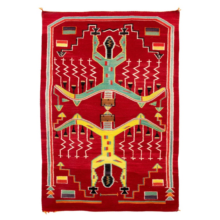 Navajo Pictorial Weaving with Thunder Gods, Vintage Circa 1950, Red Yellow Green