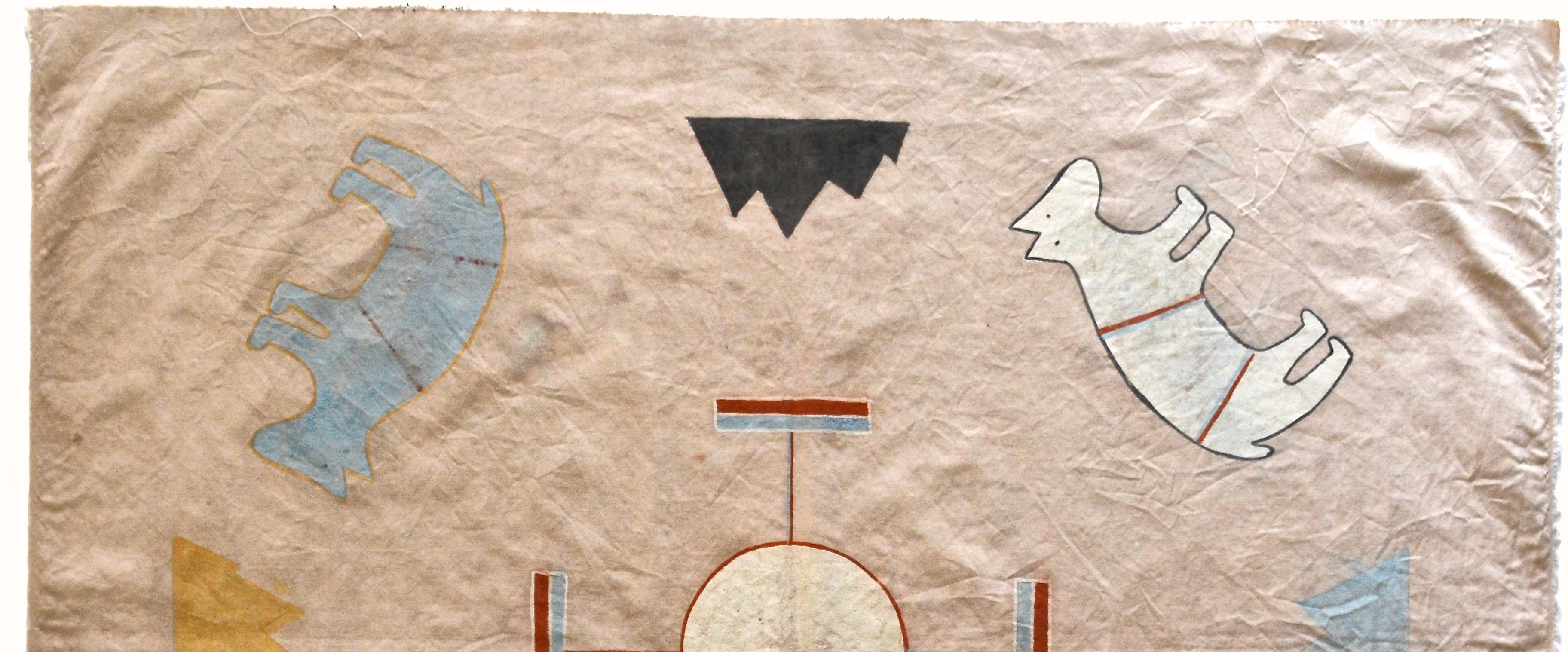 Unknown
Navajo Picture Writing on Muslin
Four Bears with Four Mountains in Colors of the Cardinal Directions
Muslin, mineral pigments, sand
Navajo Medicine Man active 1947 - 1970

To aid in recalling all the different paintings, a medicine man will