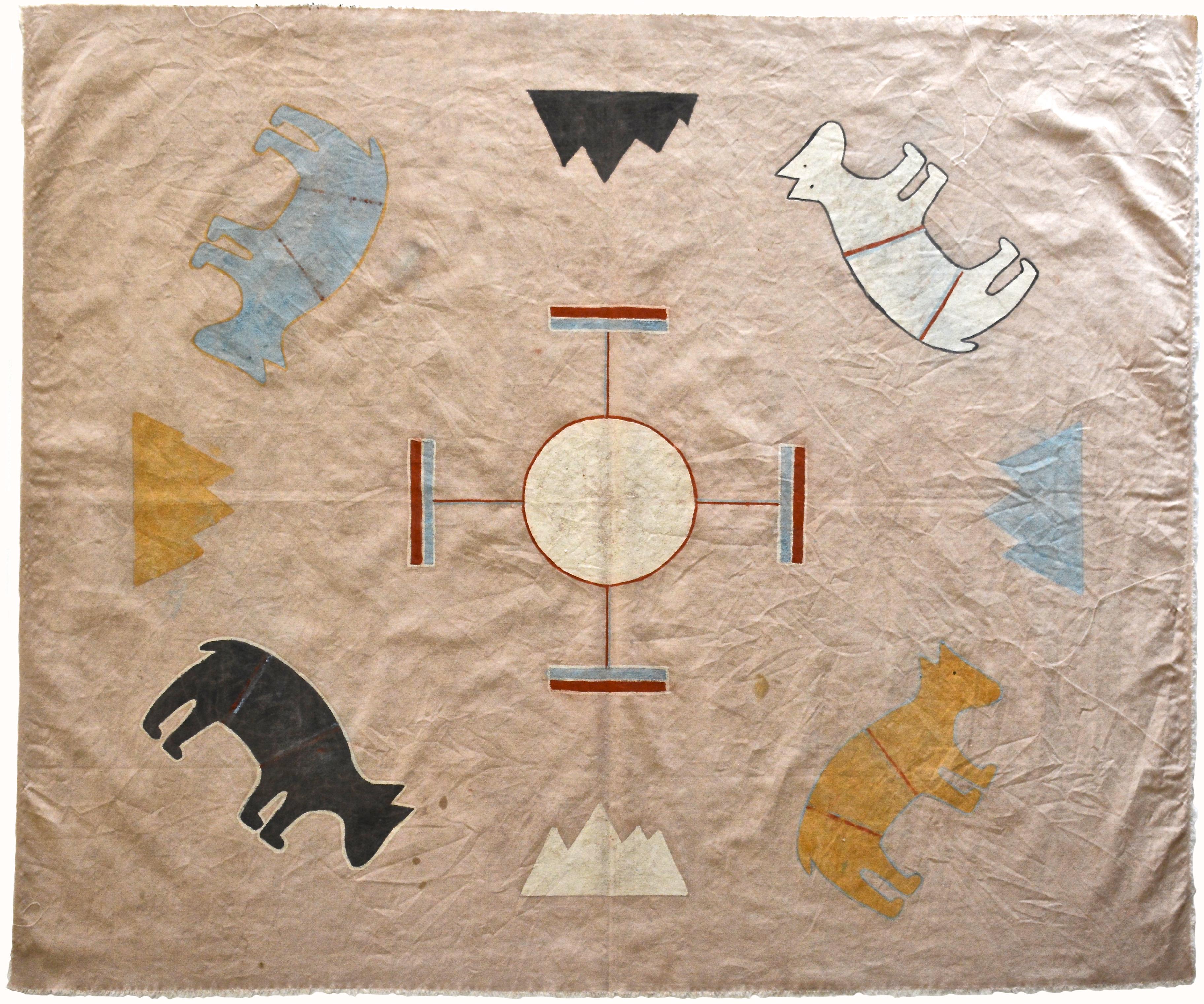 Native American Navajo Picture Writing on Muslin, Four Bears with Four Mountains
