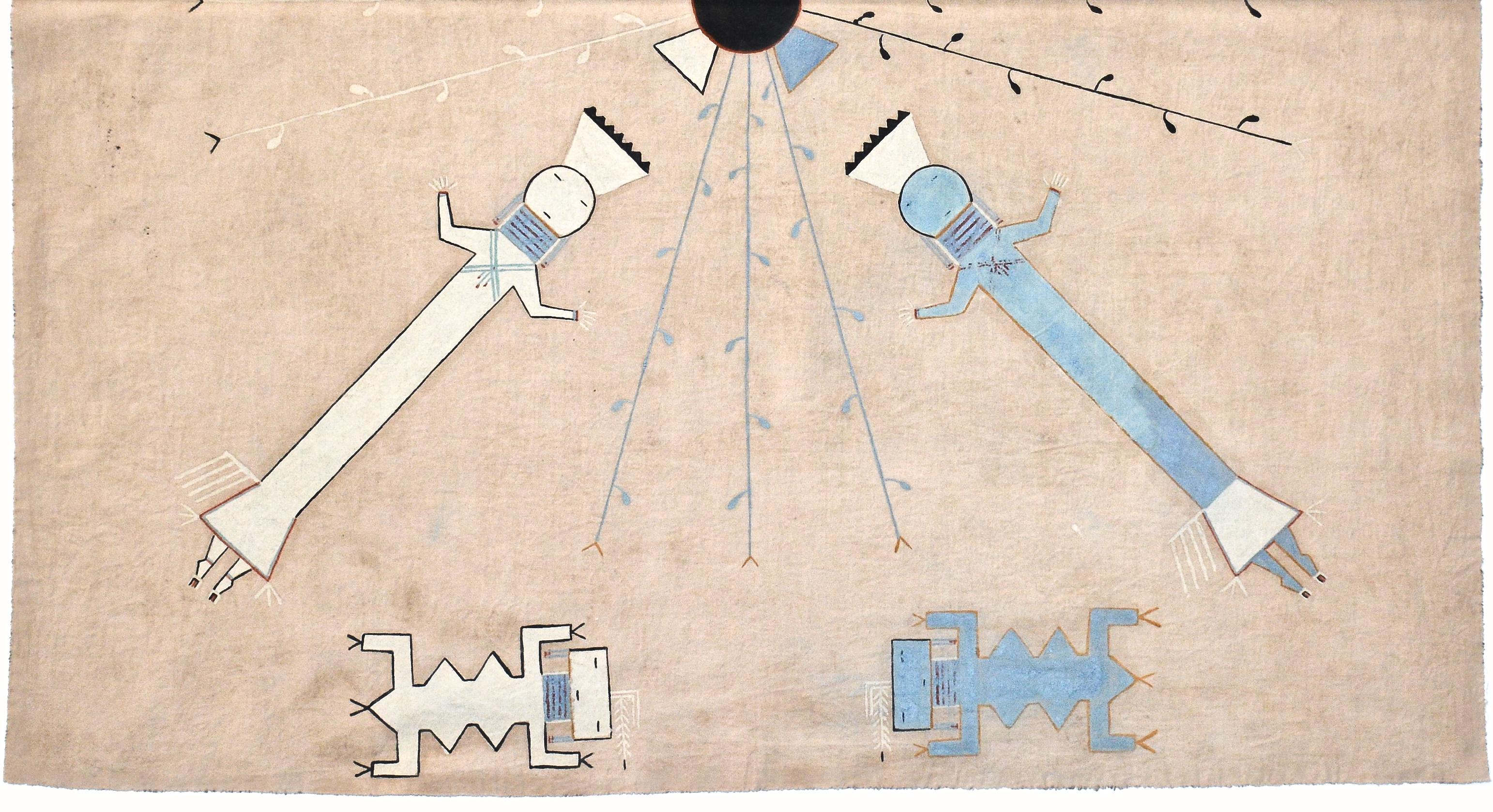 Navajo-Bilderschreiberei auf Muslin, vier Kornjungfrauen mit vier Eidechsenschützen (Indigene Kunst (Nord-/Südamerika)) im Angebot