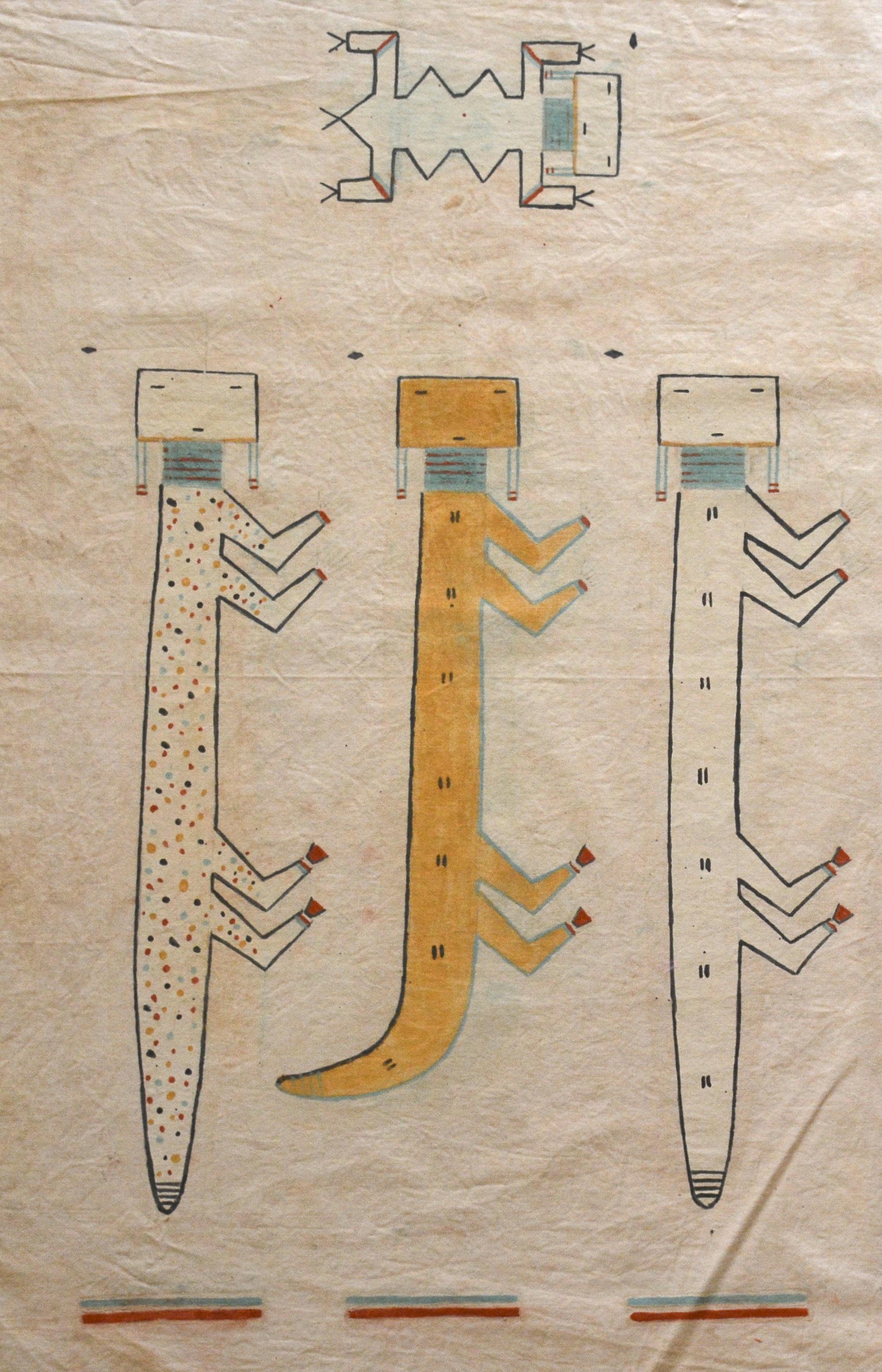 Unbekannt
Navajo-Bildschrift auf Musselin
Sechs Yeis mit zwei Wassertierwächtern
Musselin, Mineralpigmente, Sand.
Navajo-Medizinmann aktiv 1947 - 1970

Um sich an die verschiedenen Gemälde zu erinnern, greift der Medizinmann auf vorgefertigte