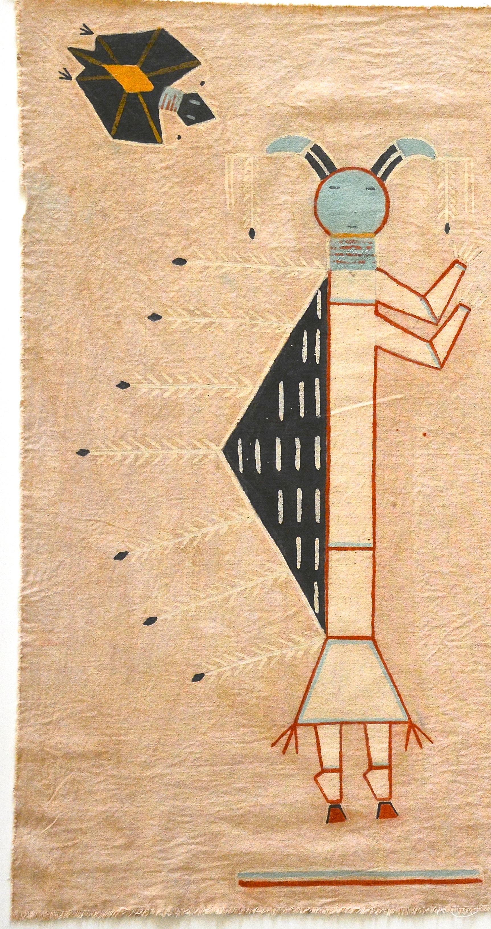 Unbekannter Navajo-Medizinmann
Navajo-Bildschrift auf Musselin
Zwei Buckeljungs mit zwei Fledermauswächtern
Musselin, Mineralpigmente, Sand
Navajo-Medizinmann aktiv 1947 - 1970

Um sich an die verschiedenen Gemälde zu erinnern, greift der