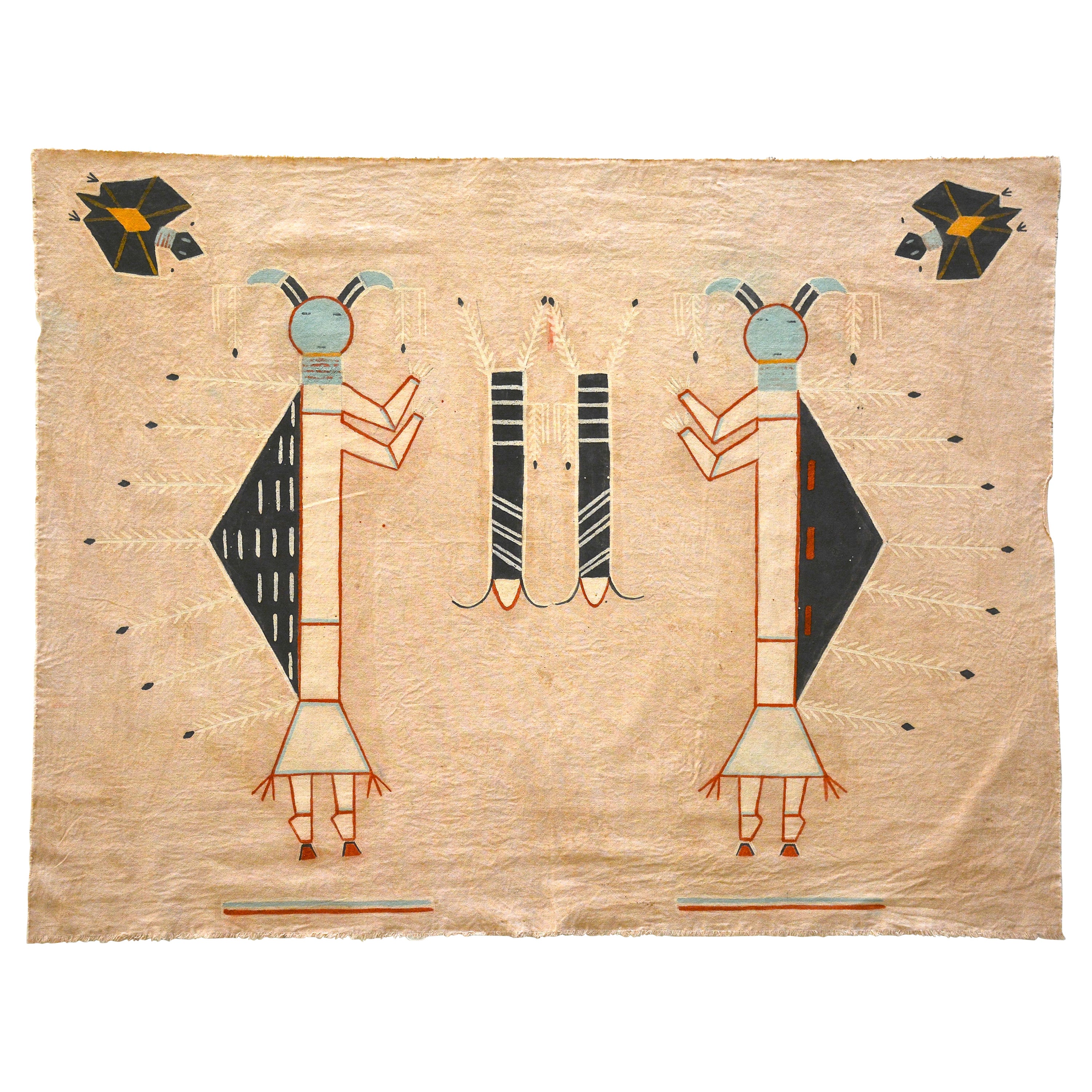Navajo-Bilderschreiberei über Muslin, zwei Humpback Yeis mit zwei Fledermaus-Jägern im Angebot