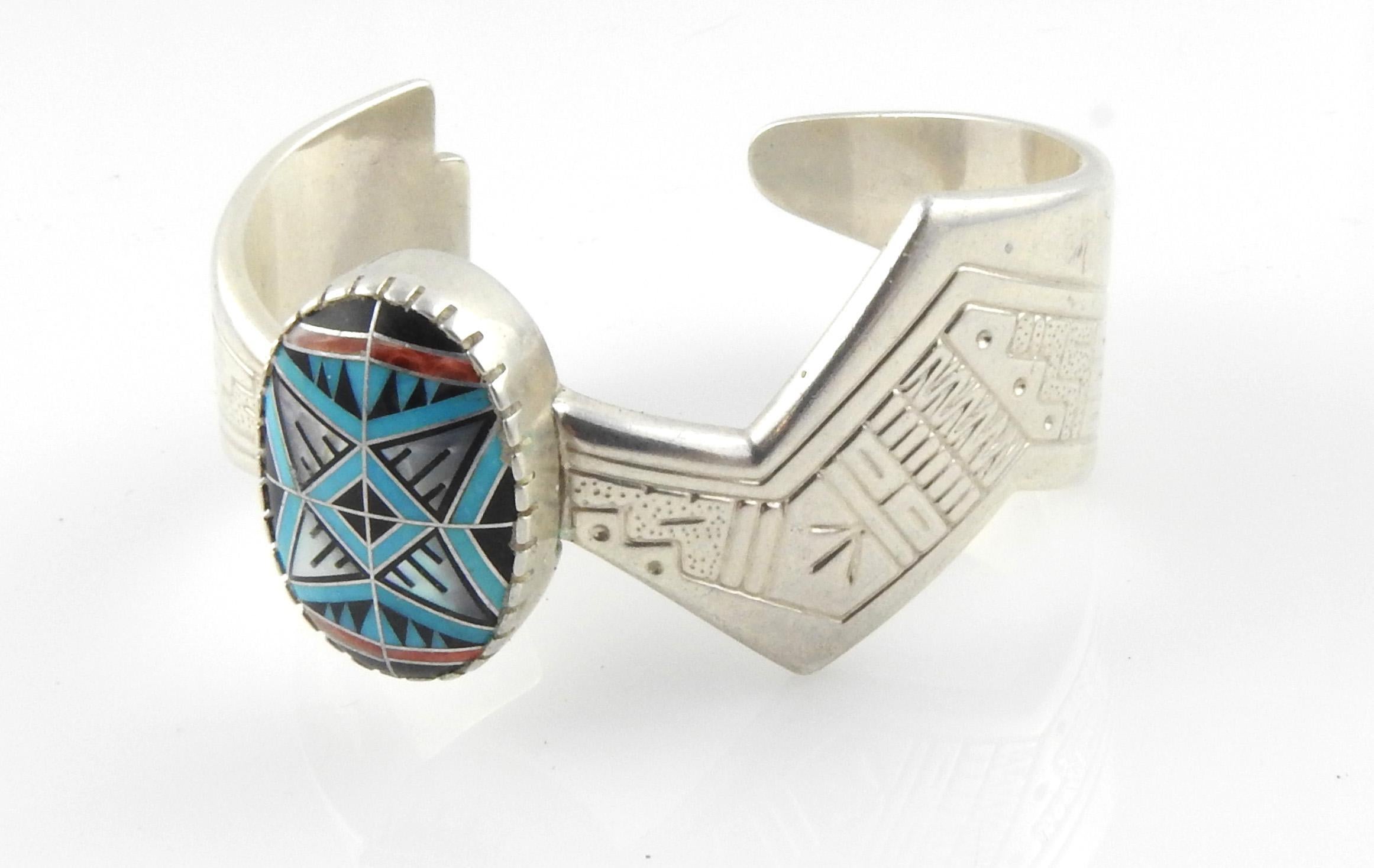 Navajo RMT Sterling Silver Cuff Bracelet with Multi Stone Inlay 1