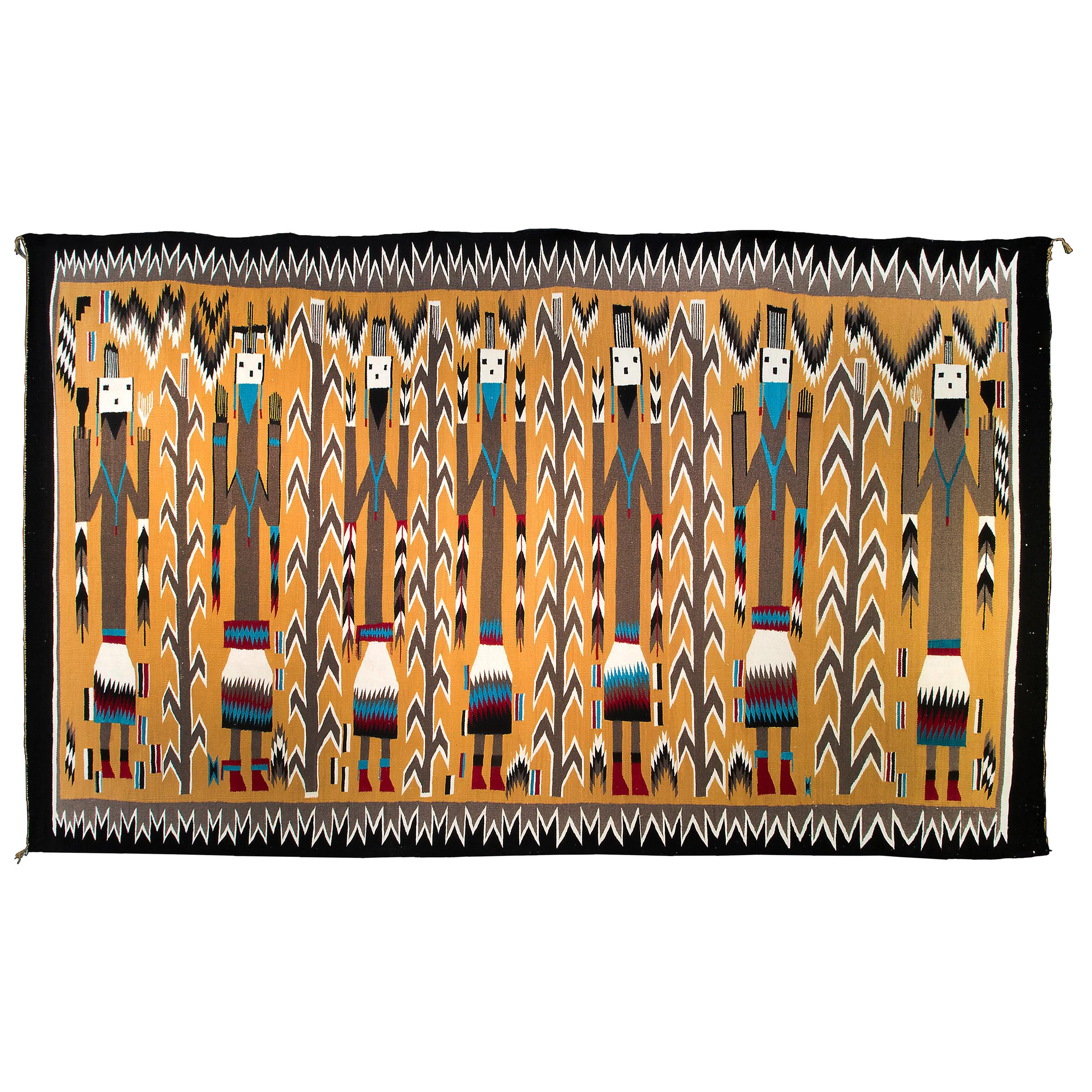 Navajo Rug, Pictorial Yei Weaving, circa 1950, Yellow, Black, White, Blue, Red For Sale