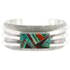 Navajo Tufa Stone Cast Cuff Bracelet with Inlay