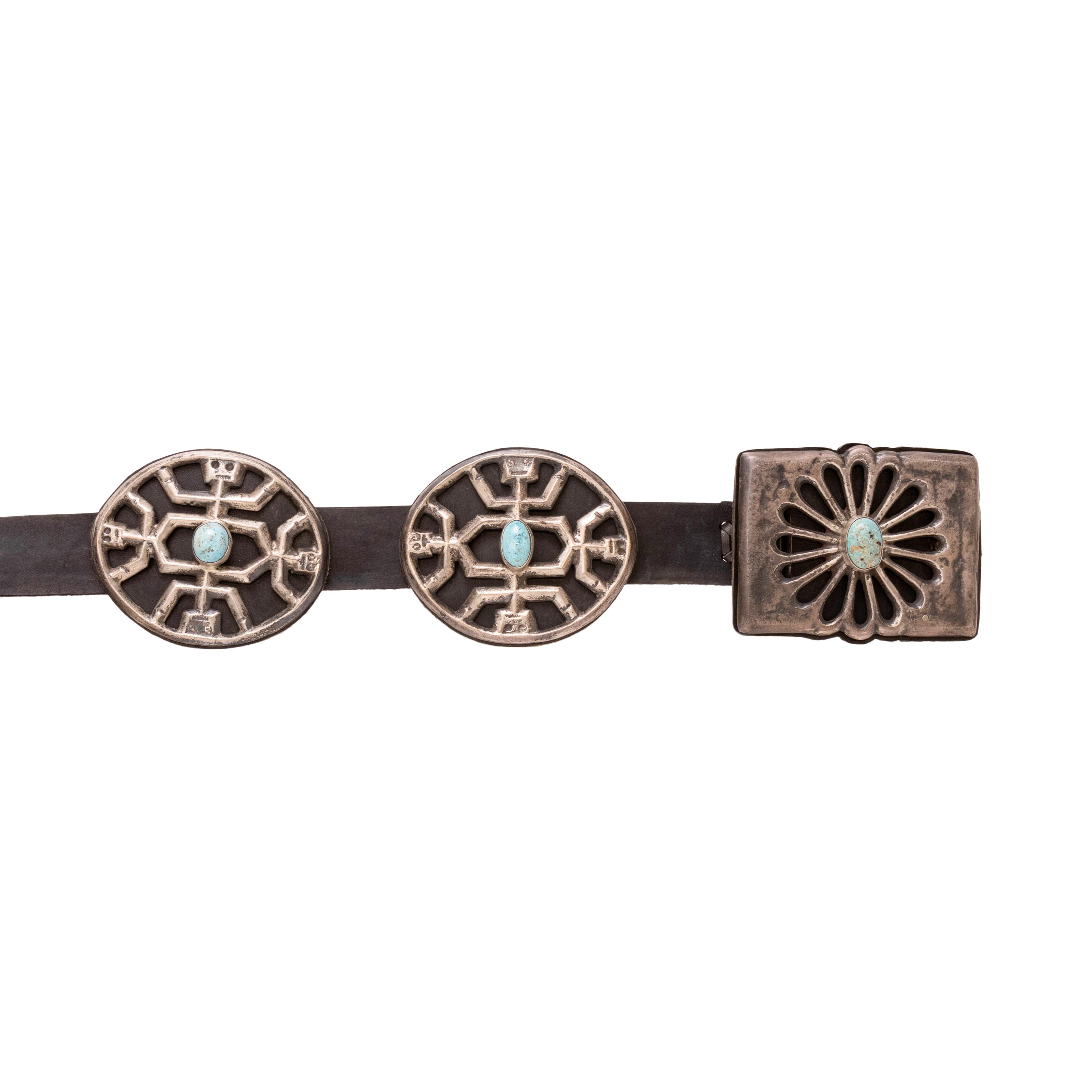 Native American Navajo Sand Cast Sterling Silver and Turquoise Concho Belt For Sale