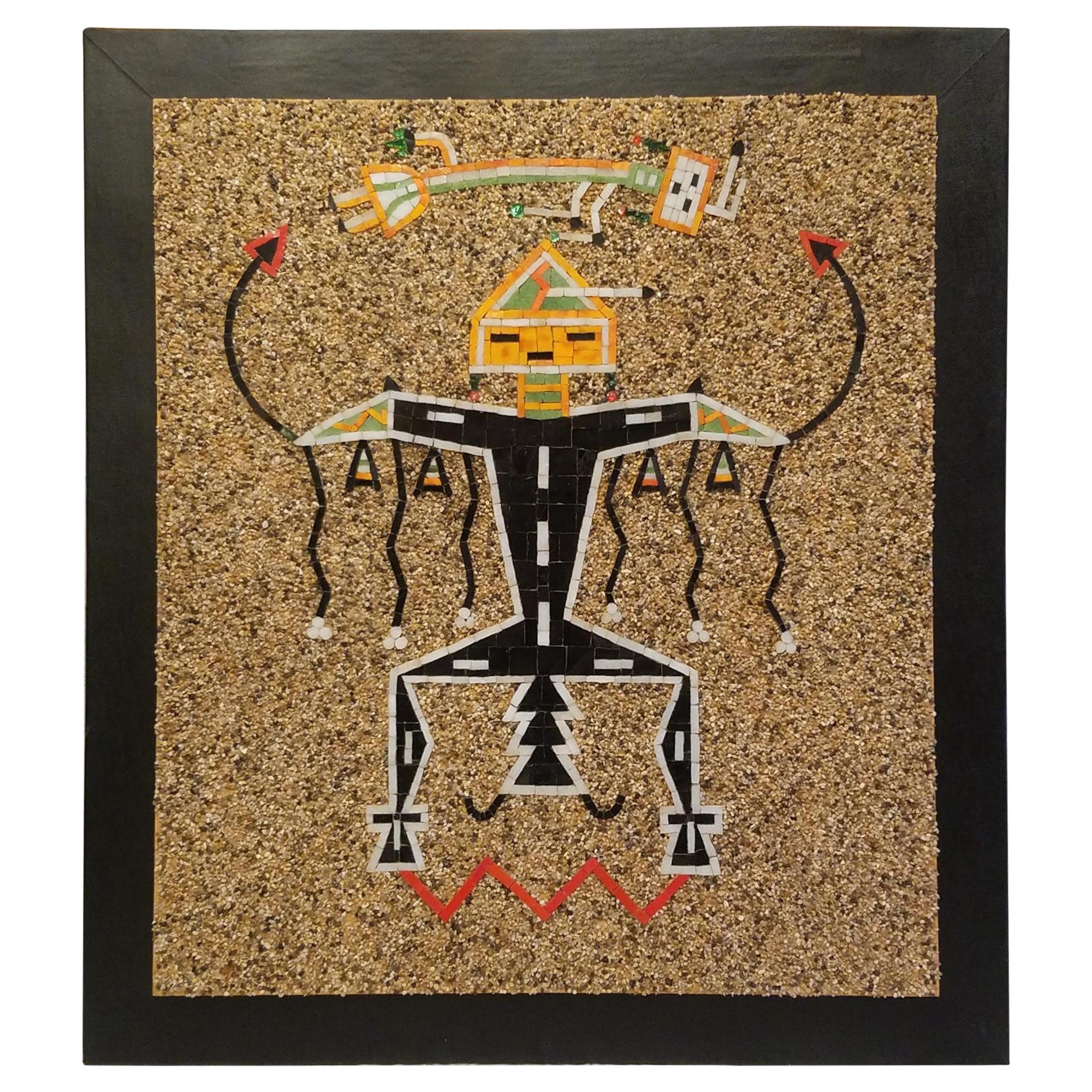 Panneau d'art en mosaïque de peinture de sable de l'atelier Navajo de Californie représentant un oiseau-tonnerre, années 1960