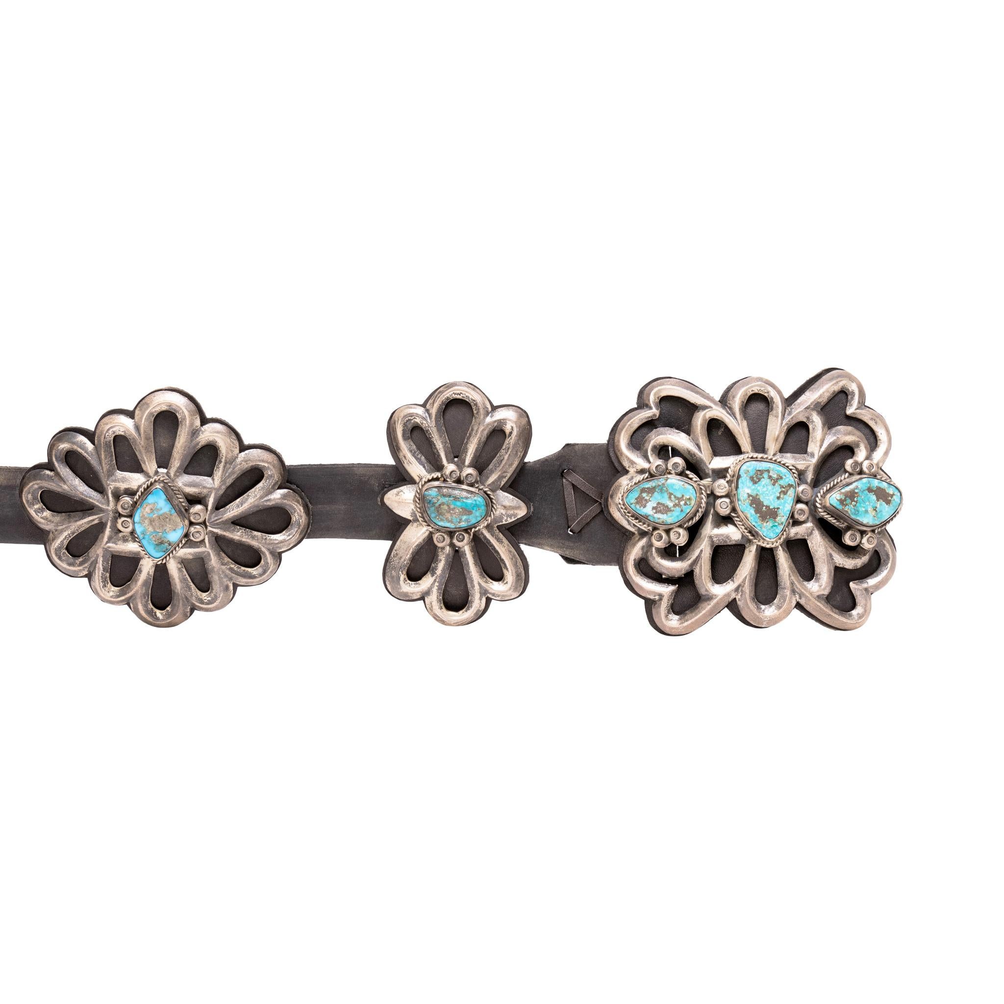 Native American Navajo Sandcast Sterling Silver and Turquoise Concho Belt For Sale