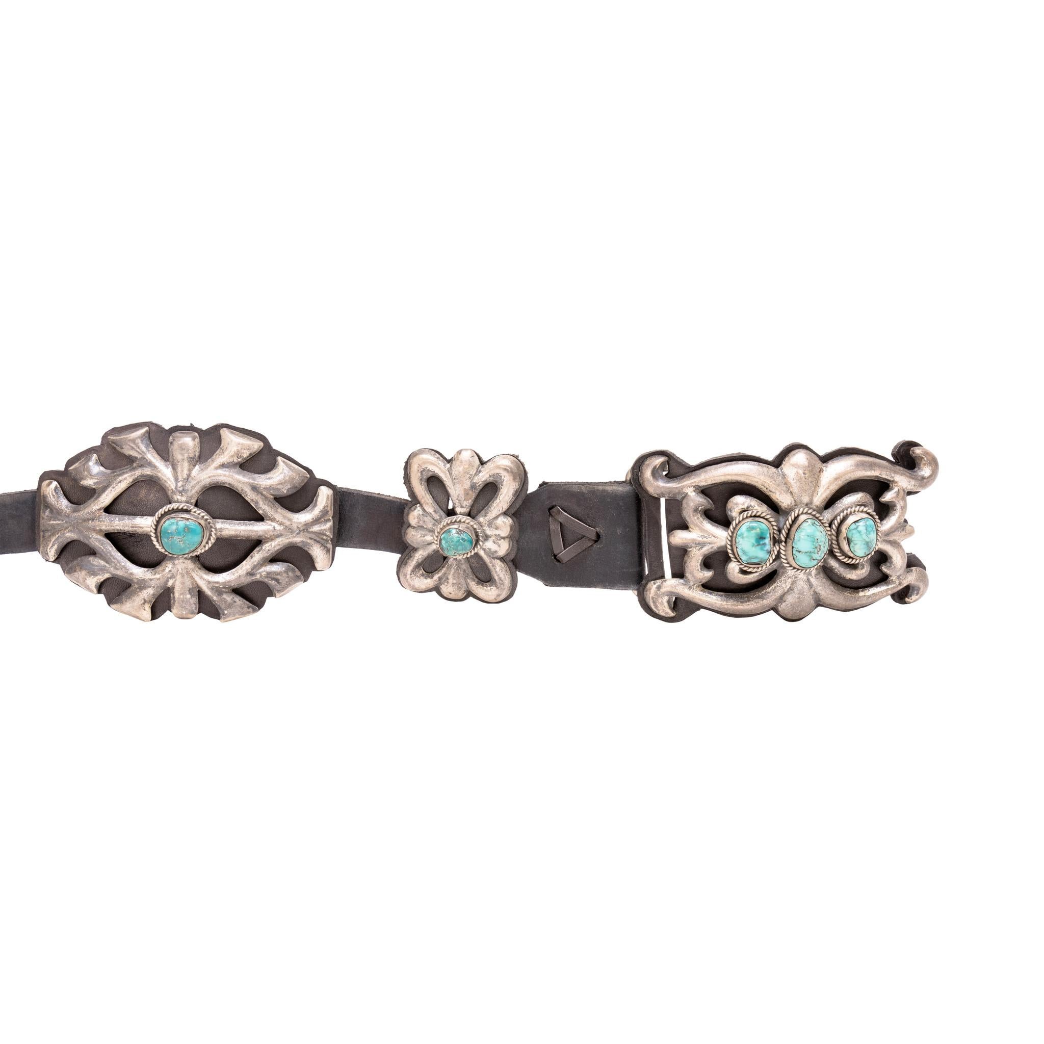 Native American Navajo Sandcast Sterling Silver and Turquoise Concho Belt For Sale
