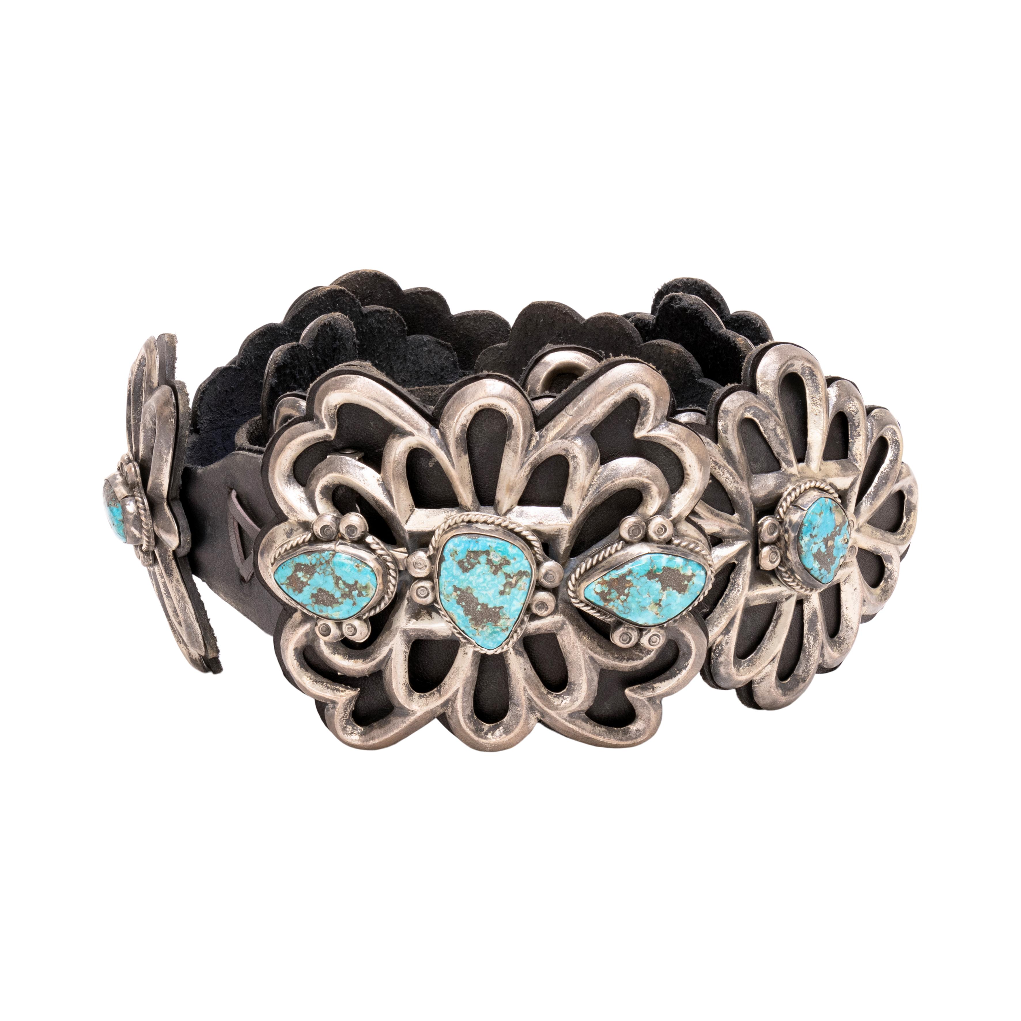 Mixed Cut Navajo Sandcast Sterling Silver and Turquoise Concho Belt For Sale