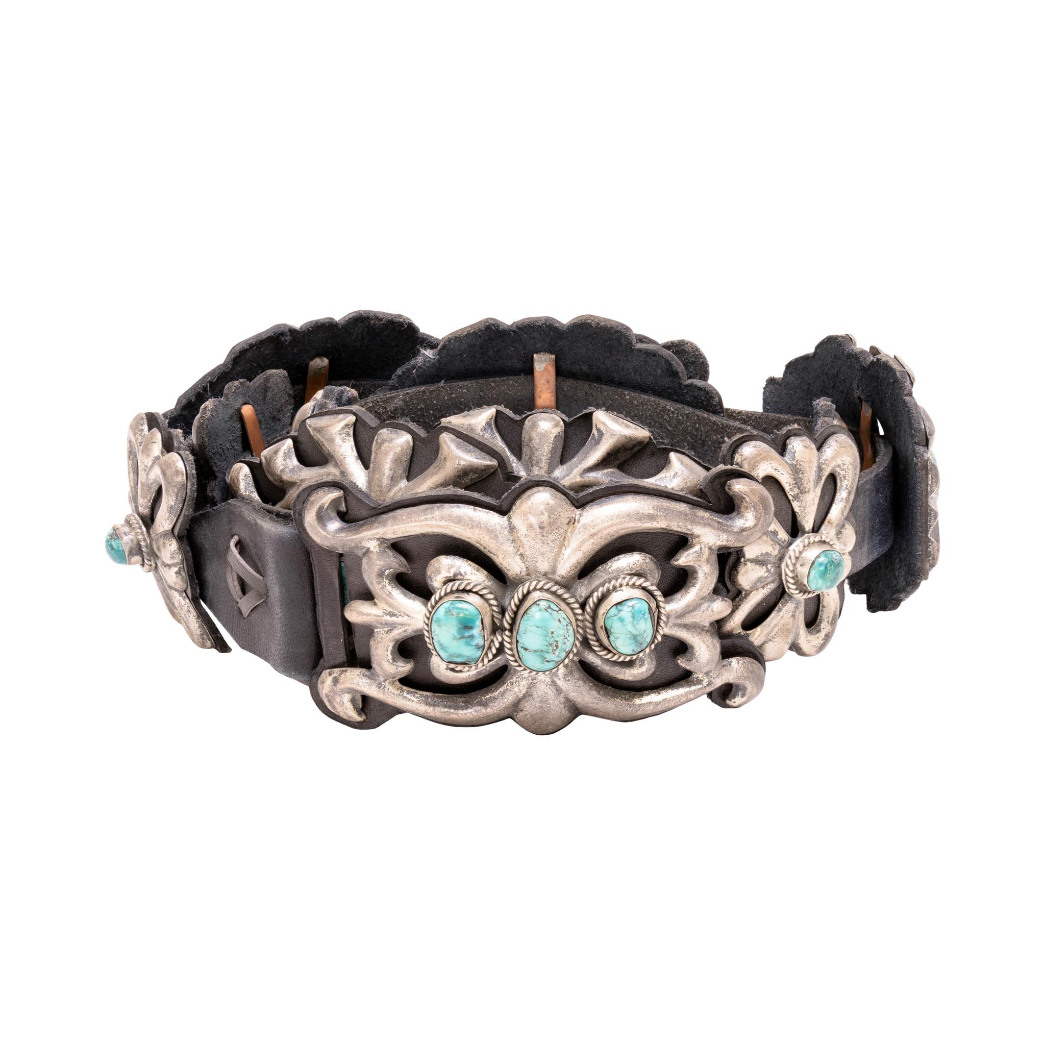Mixed Cut Navajo Sandcast Sterling Silver and Turquoise Concho Belt For Sale