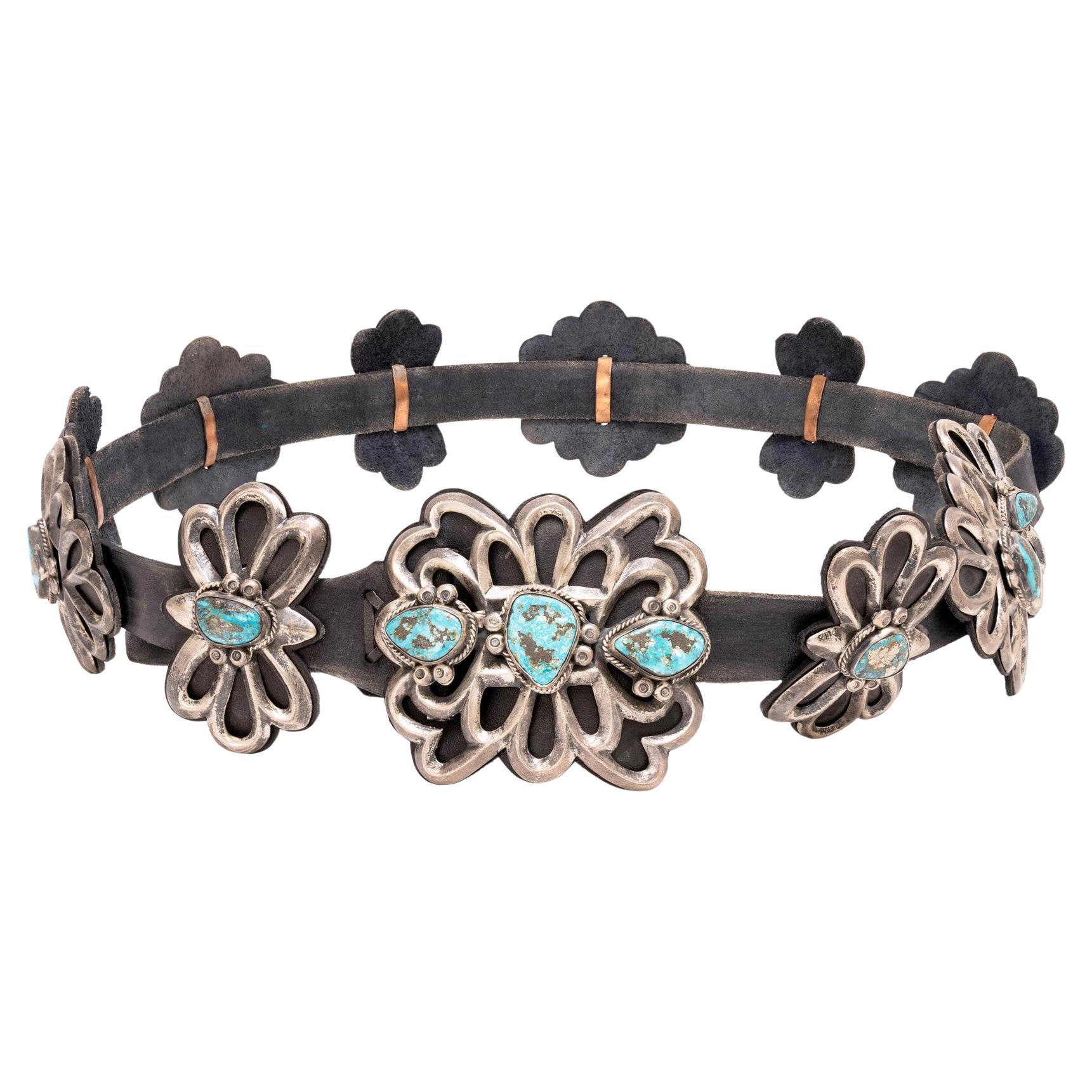 Navajo Sandcast Sterling Silver and Turquoise Concho Belt