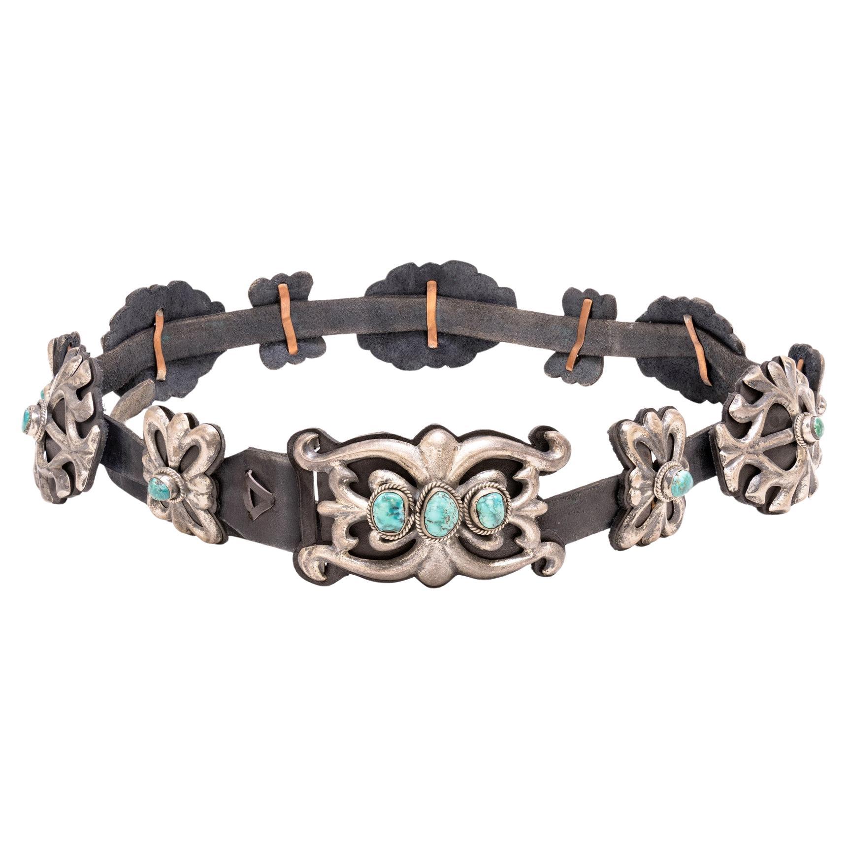 Navajo Sandcast Sterling Silver and Turquoise Concho Belt