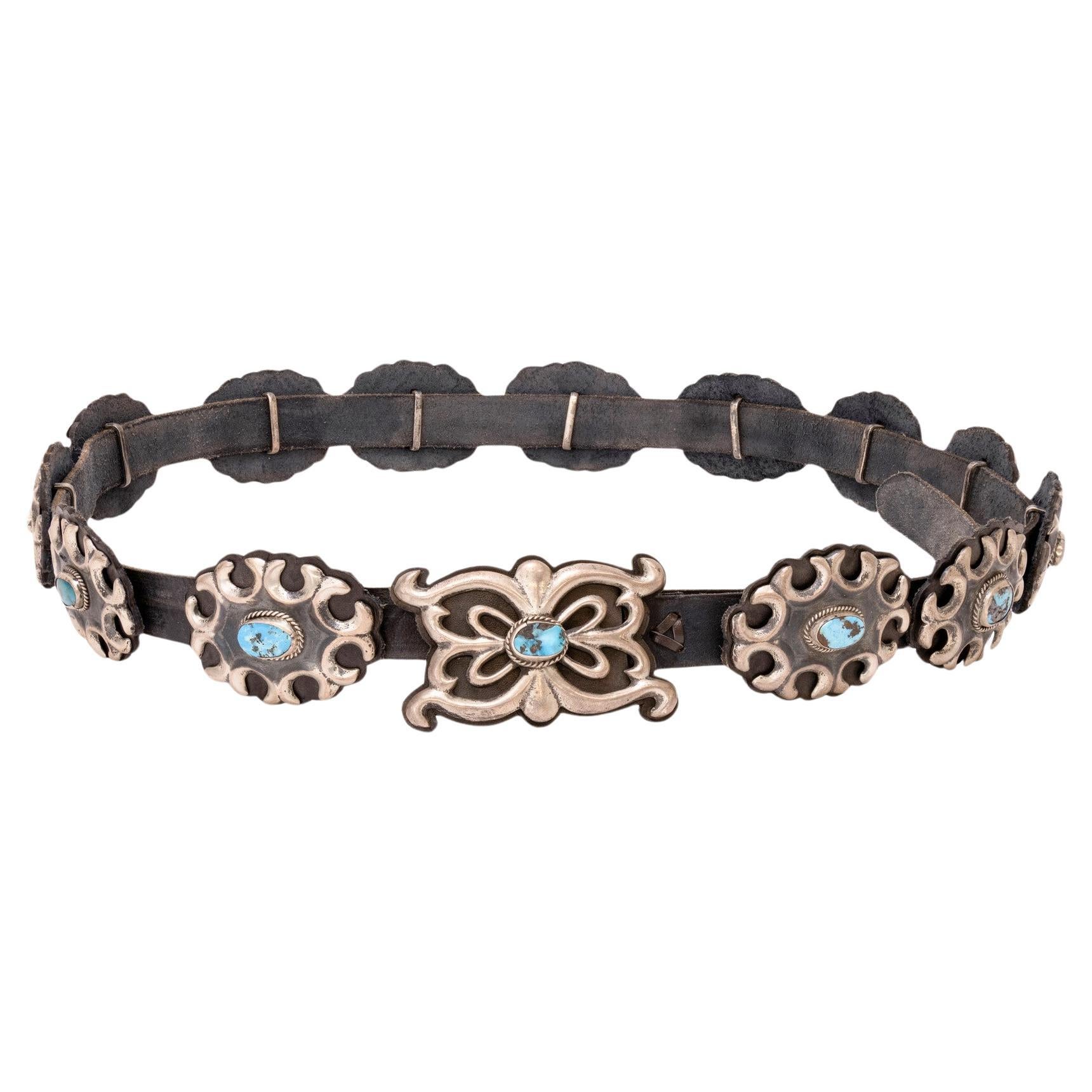Navajo Sandcast Sterling Silver and Turquoise Concho Belt
