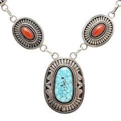 Navajo Signed Turquoise and Coral Sterling Silver Necklace
