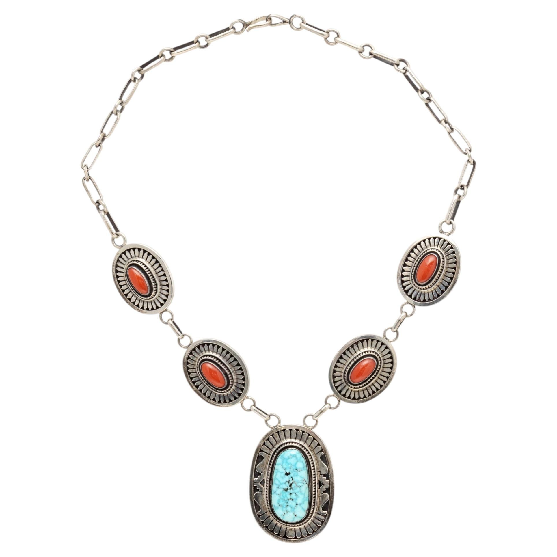 Collana in argento sterling con turchese e corallo firmata Navajo