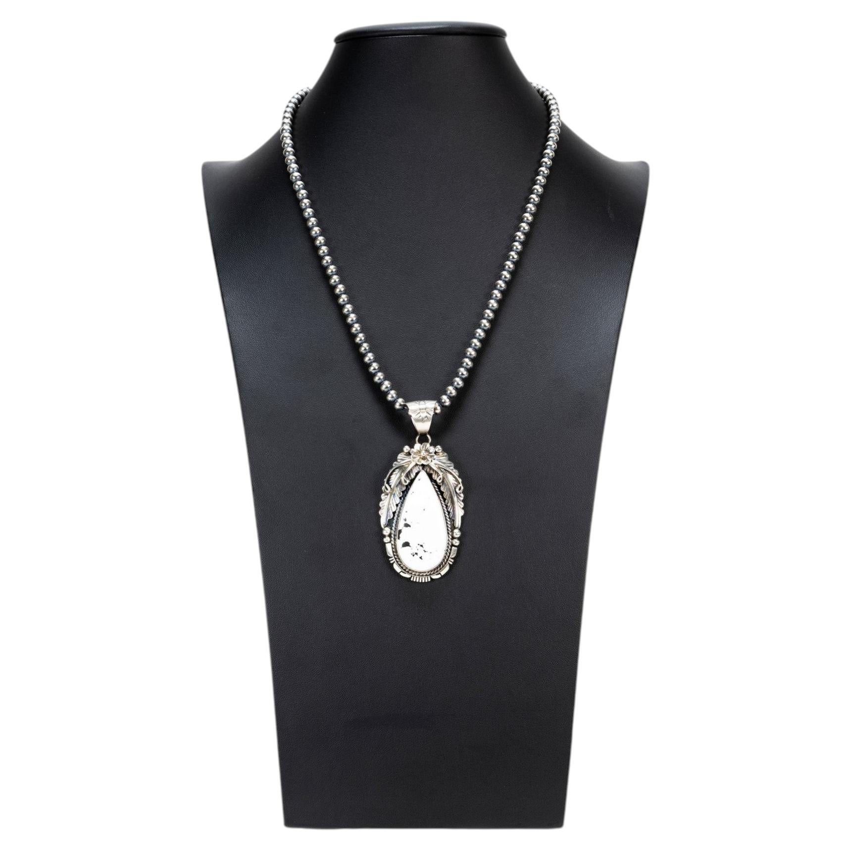 Navajo Signed White Buffalo Turquoise and Sterling Silver Necklace