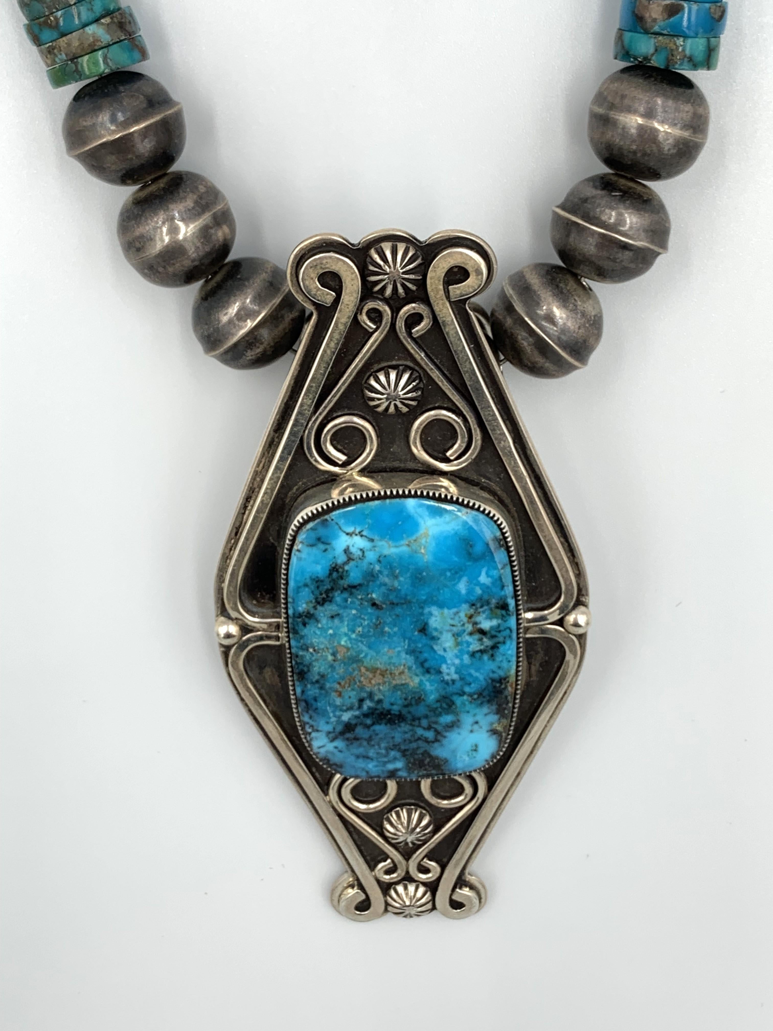 Native American Navajo Silver and Royston Turquiose Pendant by Sammie Kescoli Begay For Sale