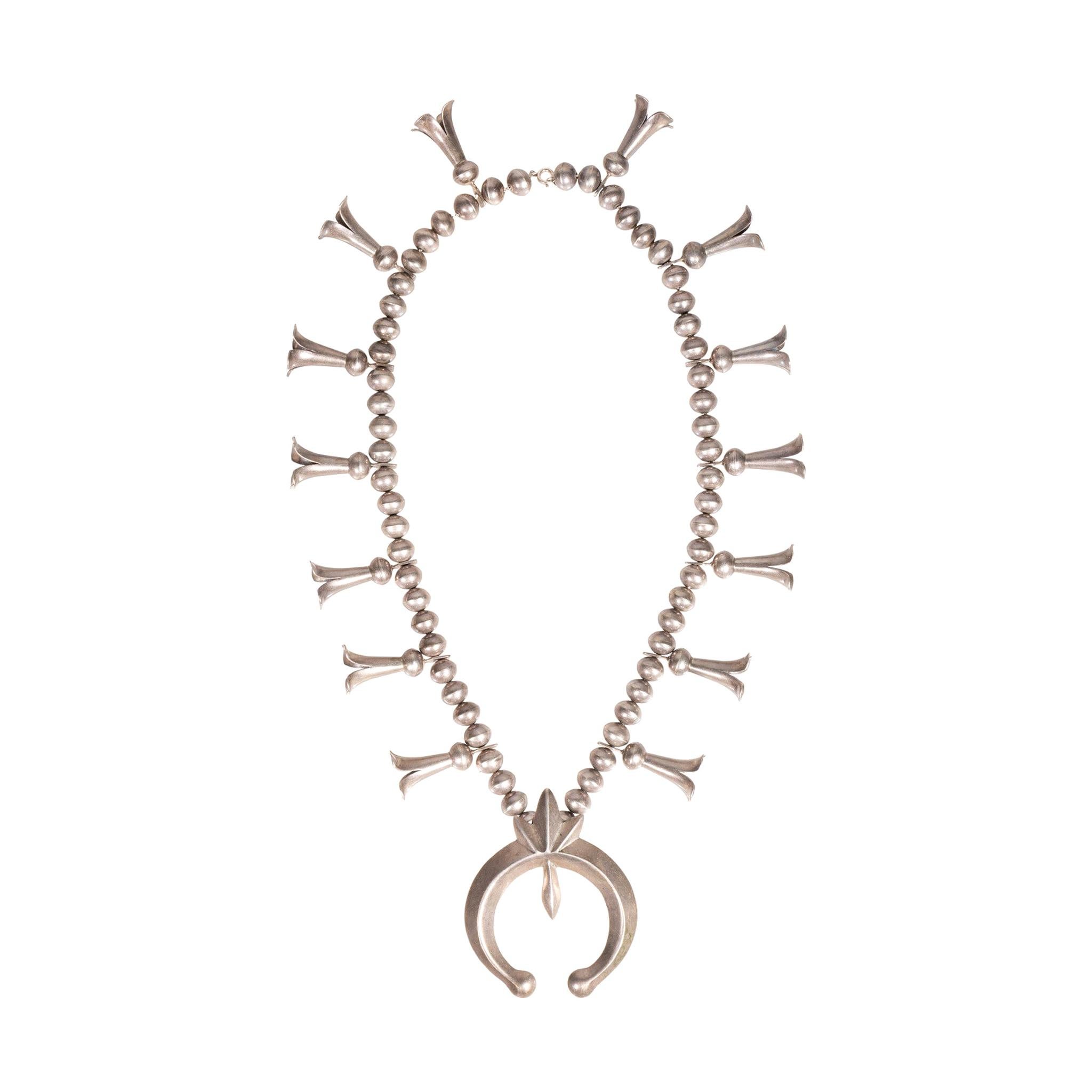Navajo Silver Sand Cast Squash Blossom Necklace