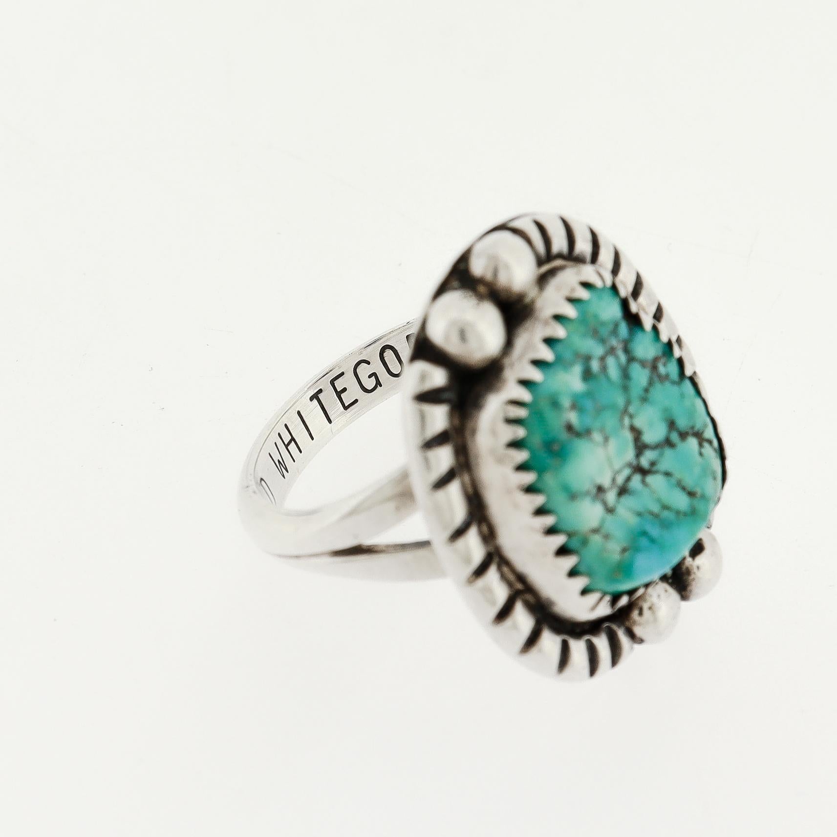 Anello Navajo in argento e turchese con cabochon, stile sigillo, di Dan Whitegoat in vendita 12