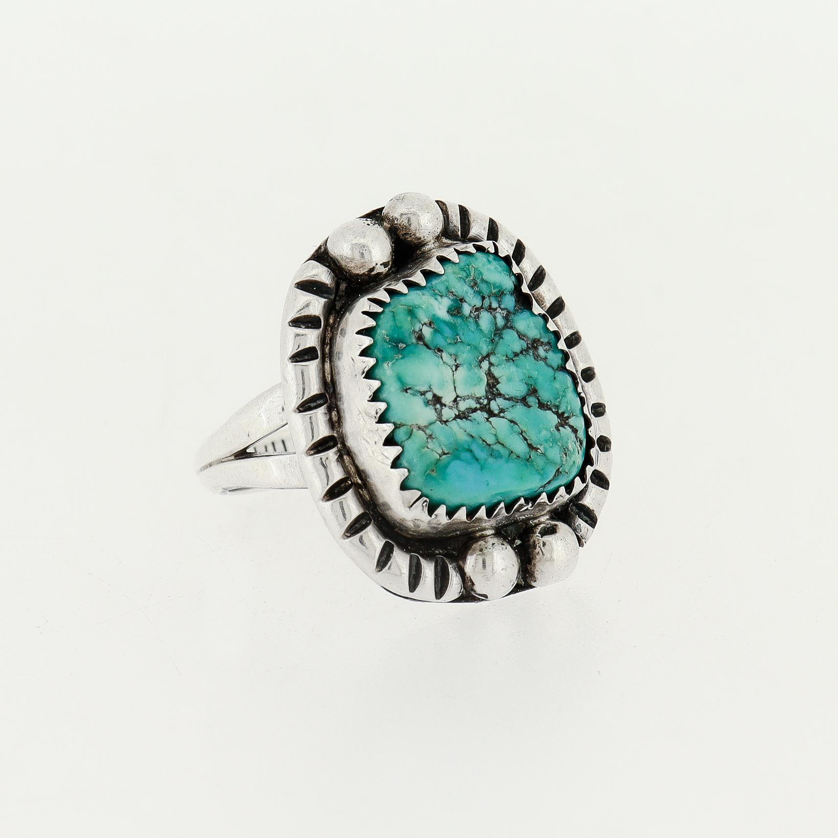 Anello Navajo in argento e turchese con cabochon, stile sigillo, di Dan Whitegoat in vendita 1