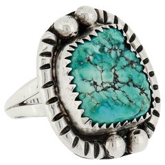 Navajo Silver & Turquoise Cabochon Signet Style Ring by Dan Whitegoat