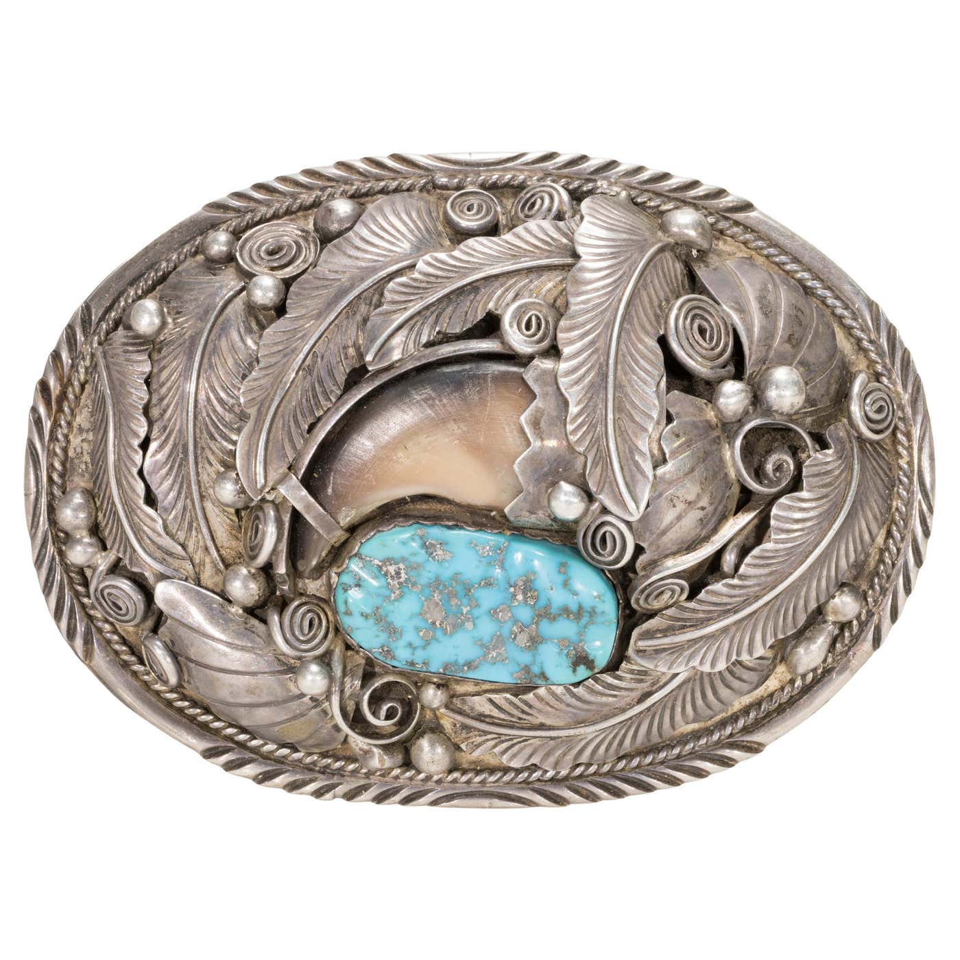 Navajo Sleeping Beauty Turquoise and Bear Claw Belt Buckle at 1stDibs