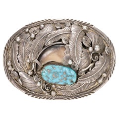 Navajo Sleeping Beauty Turquoise and Bear Claw Belt Buckle 