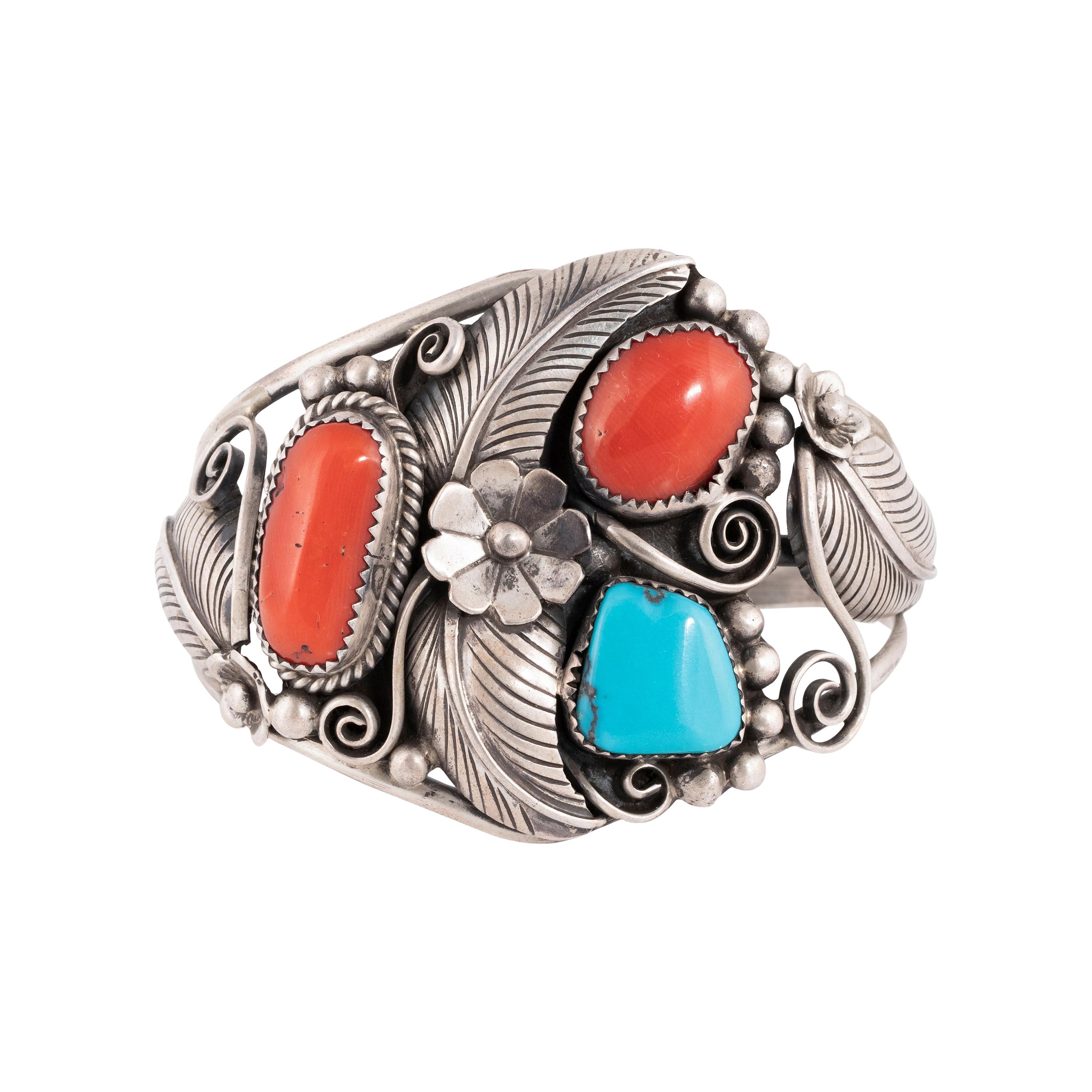 Navajo Sleeping Beauty Turquoise and Coral Bracelet
