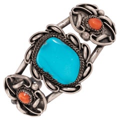 Navajo Sleeping Beauty Turquoise and Coral Bracelet